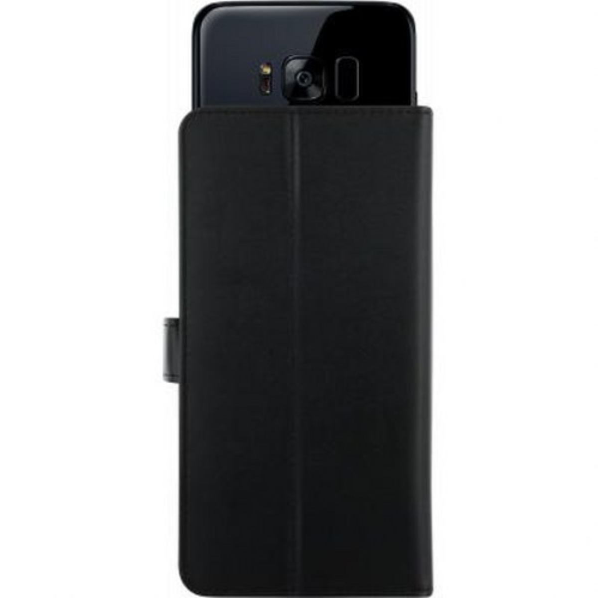 Custodia per telefono nera con un telefono all'interno, che mostra la fotocamera posteriore.
