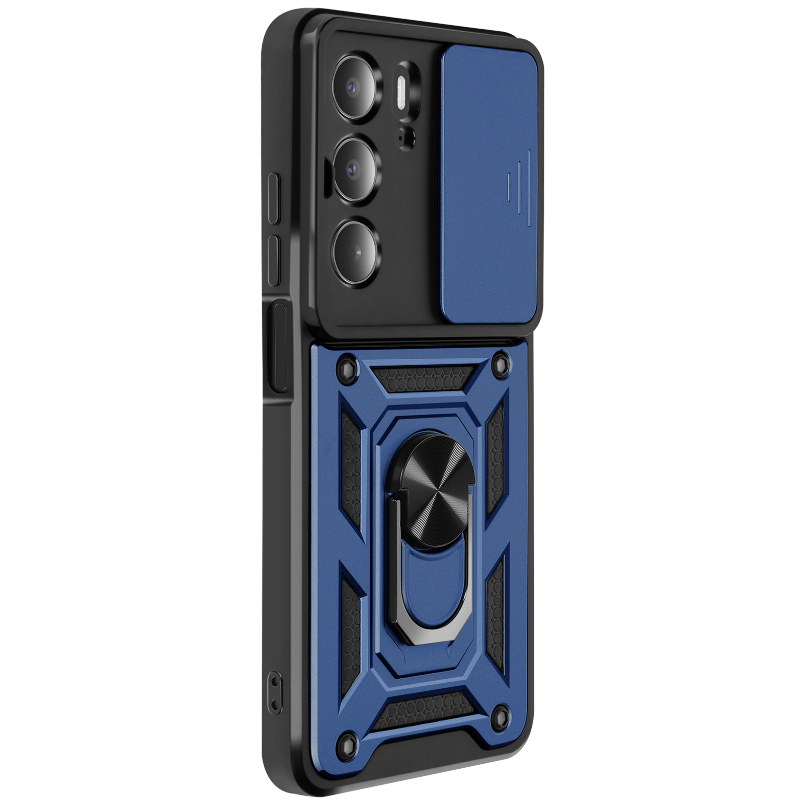 Custodia per telefono con design blu e nero, copertura fotocamera nera e anello in metallo.