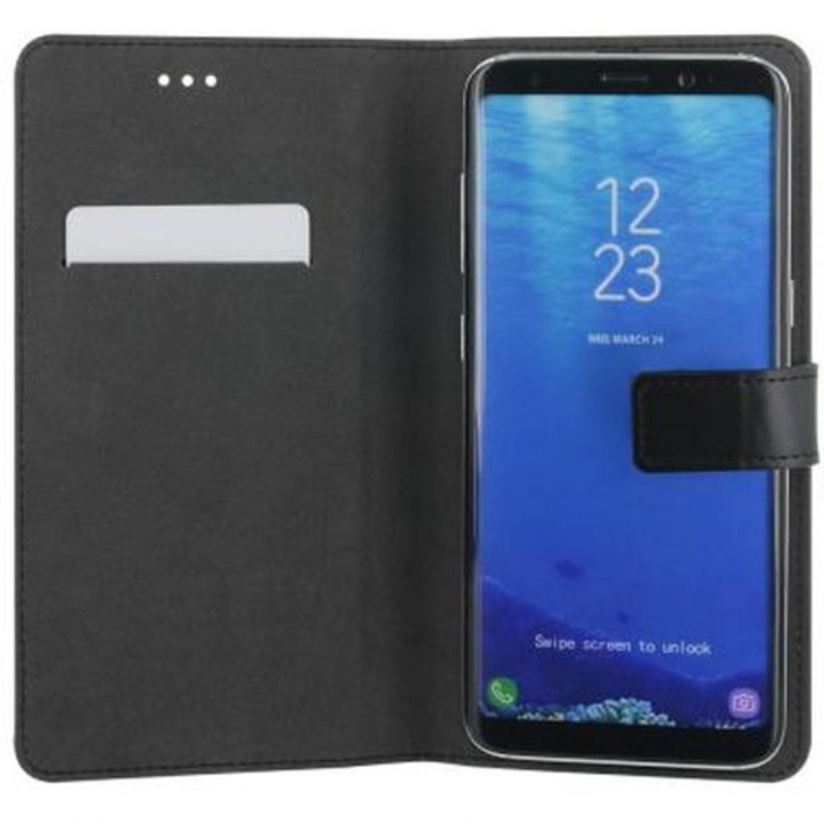 Custodia nera aperta con telefono dentro. Schermo blu mostra l'ora. Sfondo bianco.
