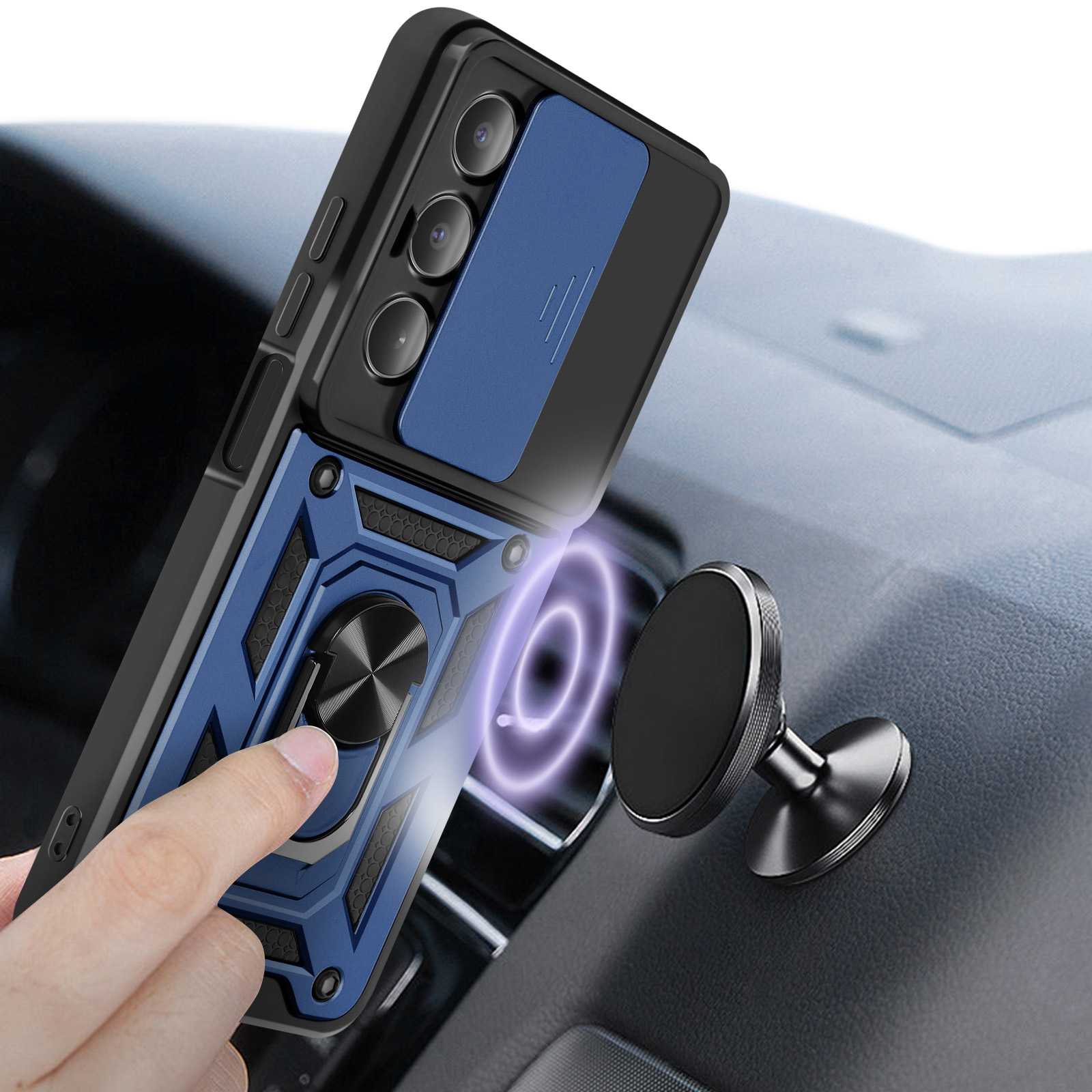Mano che tiene una custodia per telefono con supporto magnetico per auto sul cruscotto.