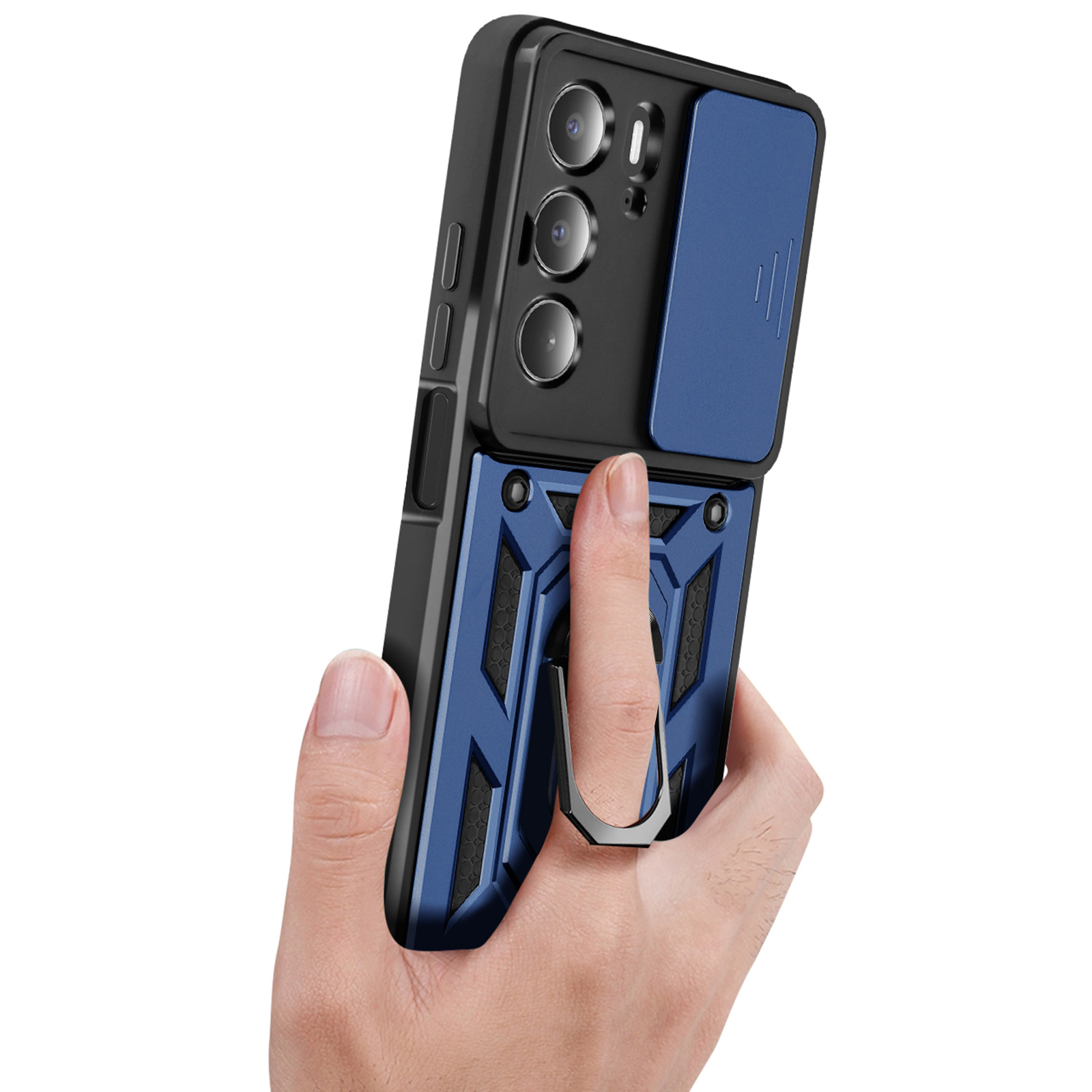 Custodia per telefono blu e nera con supporto ad anello. Il telefono è tenuto in mano.