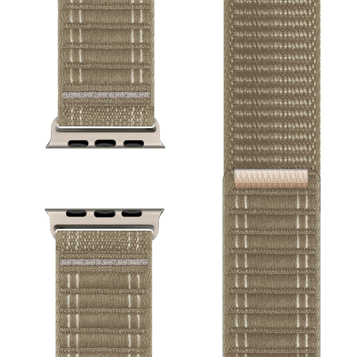 Zwei Teile eines Uhrenarmbands, beige und silber, mit Nahaufnahme der Verbindungsstücke.