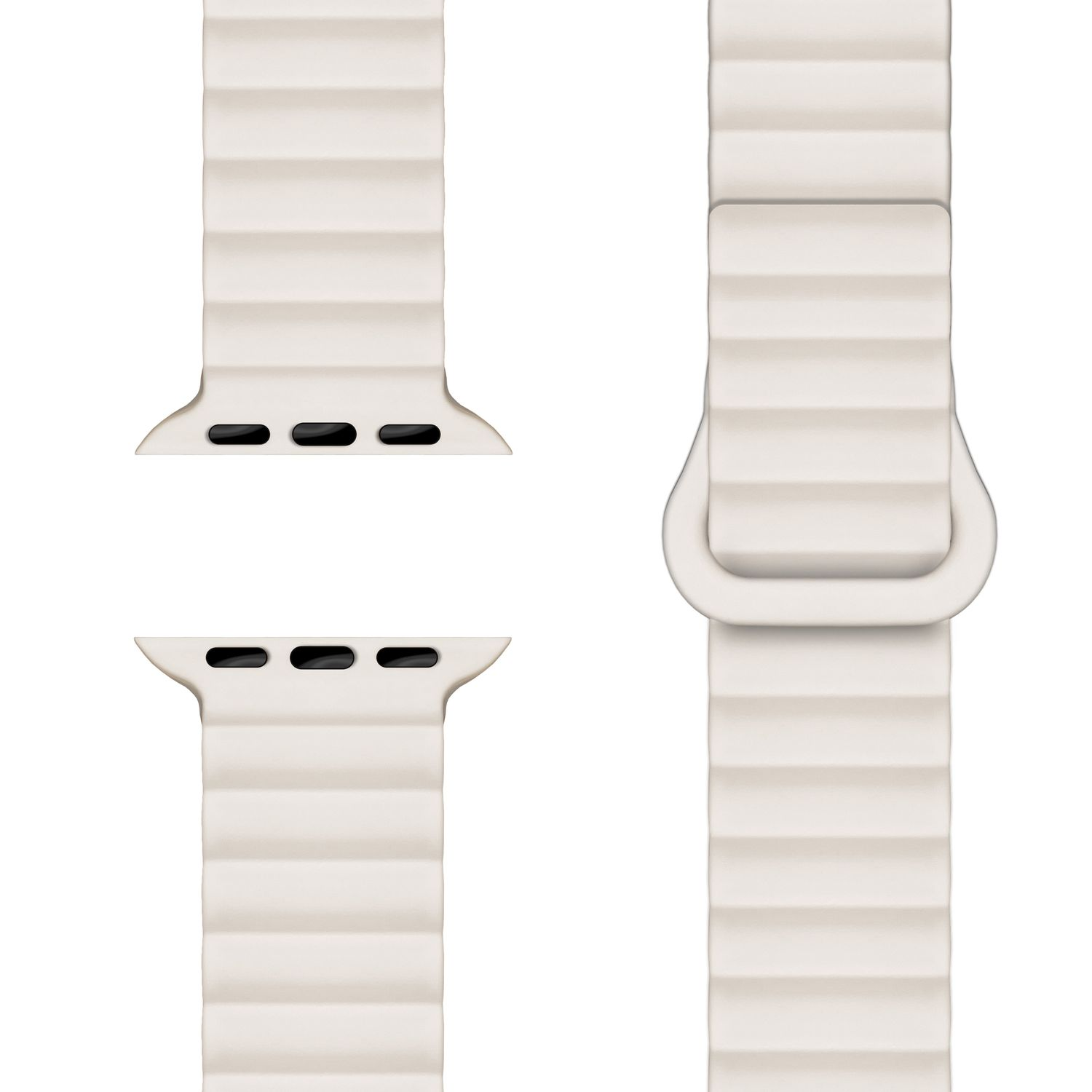 Zwei cremefarbene Uhrenarmbänder mit strukturiertem Design auf weißem Hintergrund.