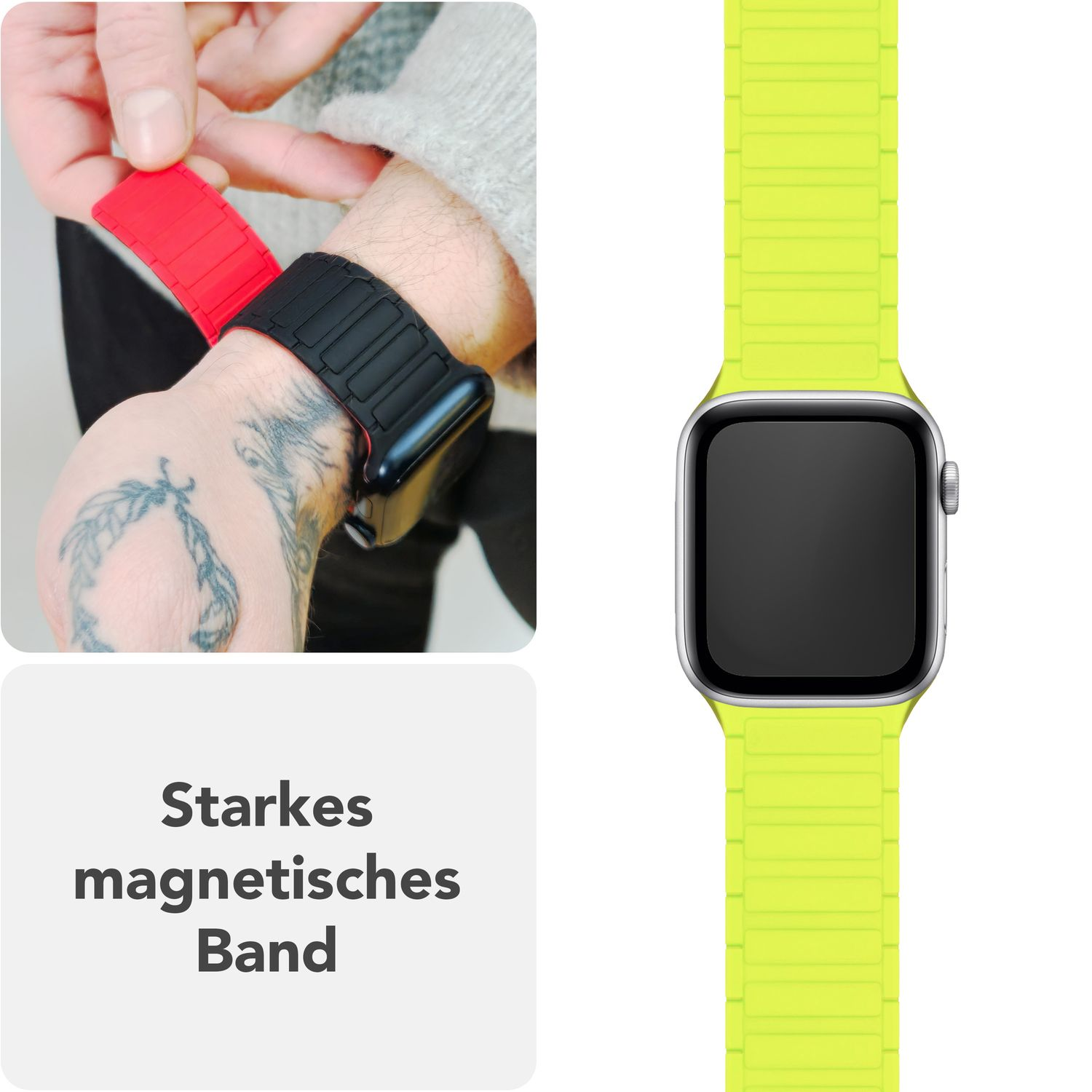 Eine Hand hält ein magnetisches Uhrenarmband und befestigt es an einer schwarzen Apple Watch. Gelbes Band wird gezeigt.