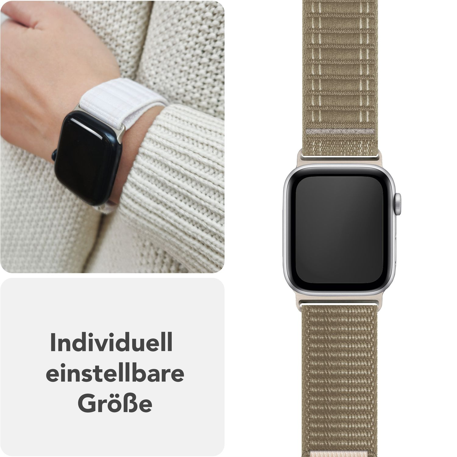 Eine Uhr mit schwarzem Bildschirm und weißem Armband am Handgelenk einer Person. Ein passendes weißes Armband wird gezeigt.