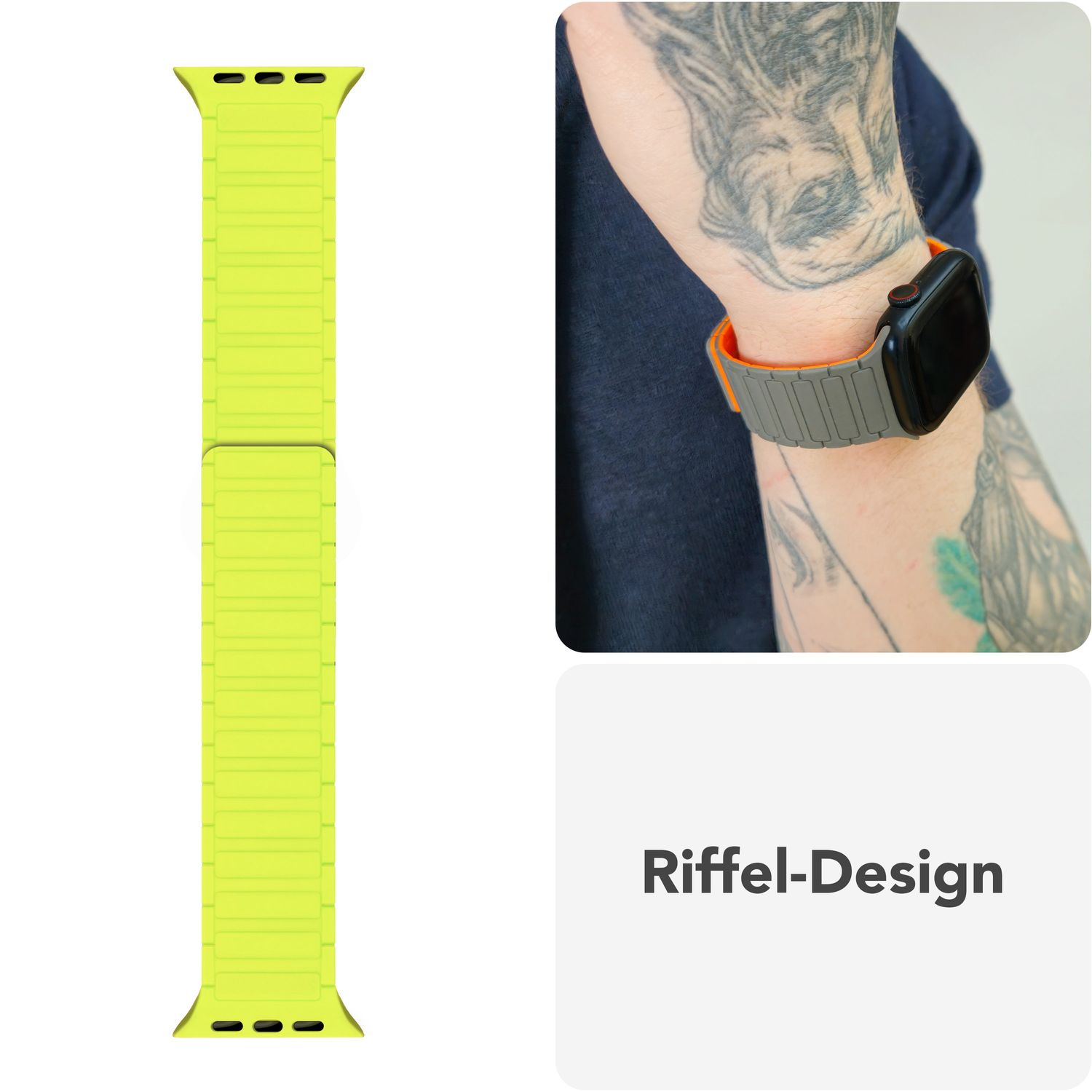 Ein leuchtend gelbes Uhrenarmband. Eine Hand trägt das Band mit orangefarbenem Akzent an einem tätowierten Handgelenk.