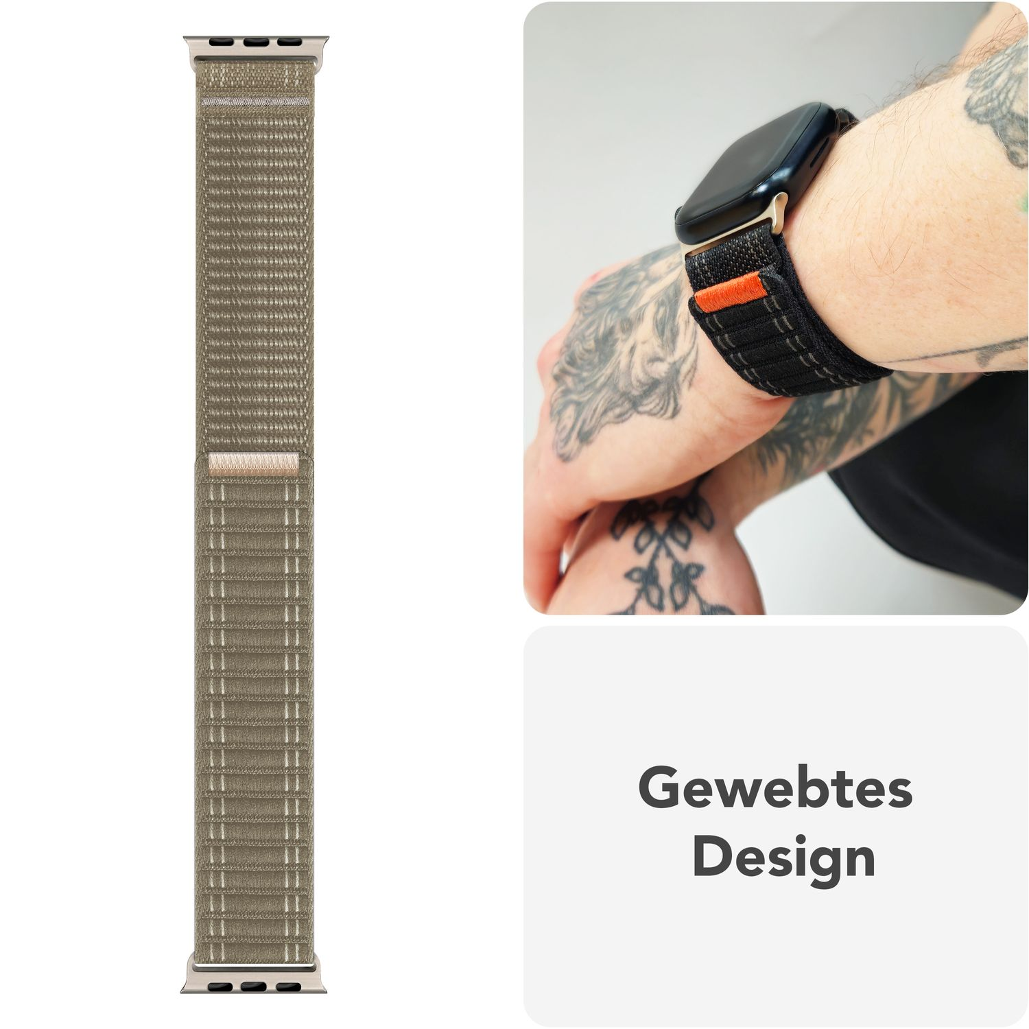 Beiges Uhrenarmband mit gewebtem Design. Eine Hand trägt das Band an einem tätowierten Handgelenk. Schwarze Apple Watch.
