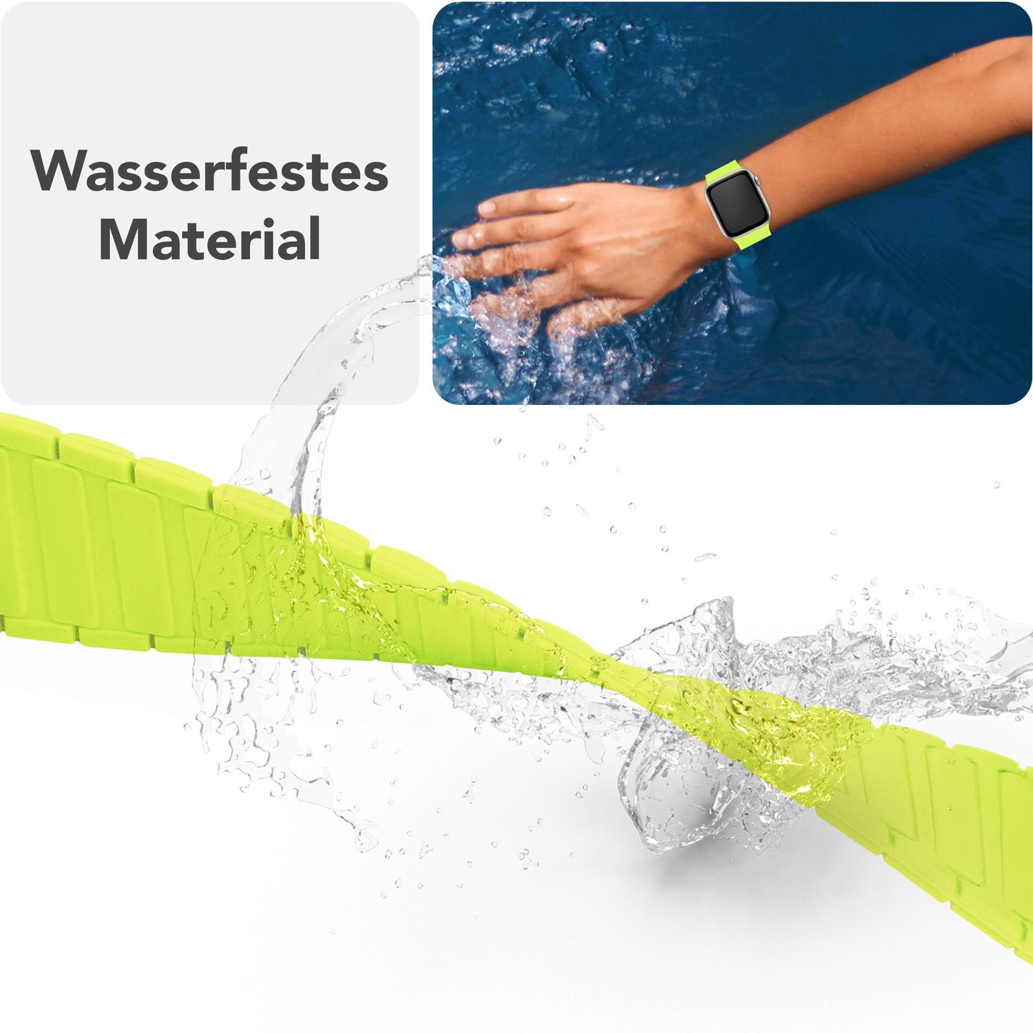 Ein grünes Uhrenarmband mit Wassertropfen. Ein Handgelenk mit Uhr wird gezeigt. Text: Wasserdichtes Material.