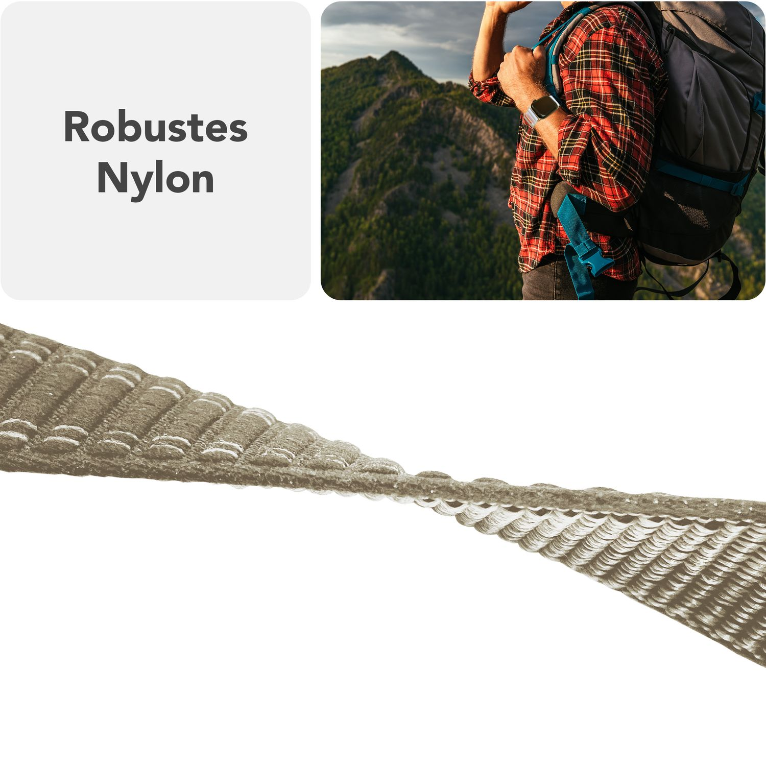 Nahaufnahme eines beigen Uhrenarmbands. Das Band scheint aus eng gewebtem Nylonmaterial zu bestehen. Das Band ist beige.