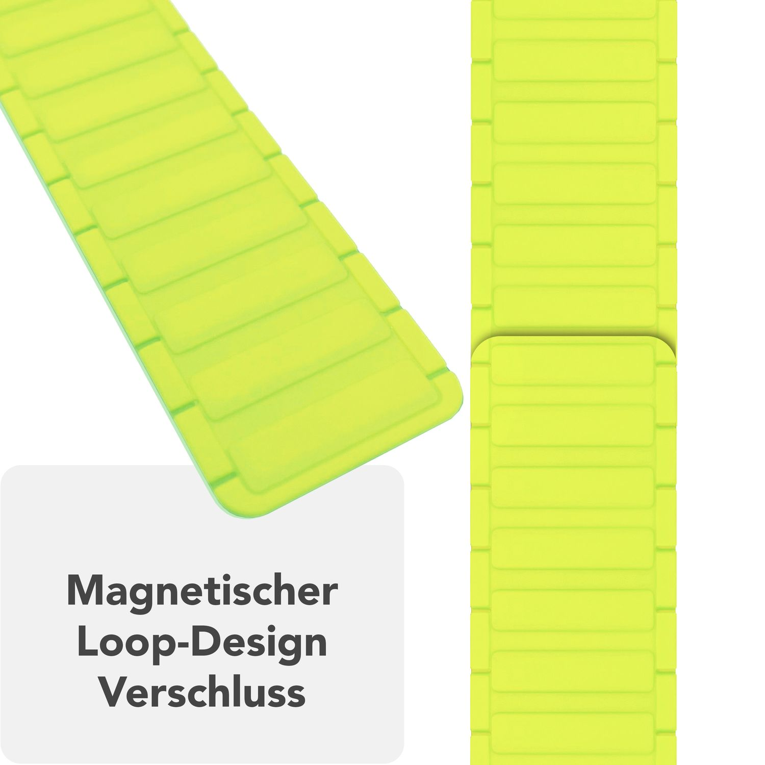 Zwei limettengrüne Apple Watch-Armbänder. Der Text lautet: Magnetischer Loop-Design-Verschluss.
