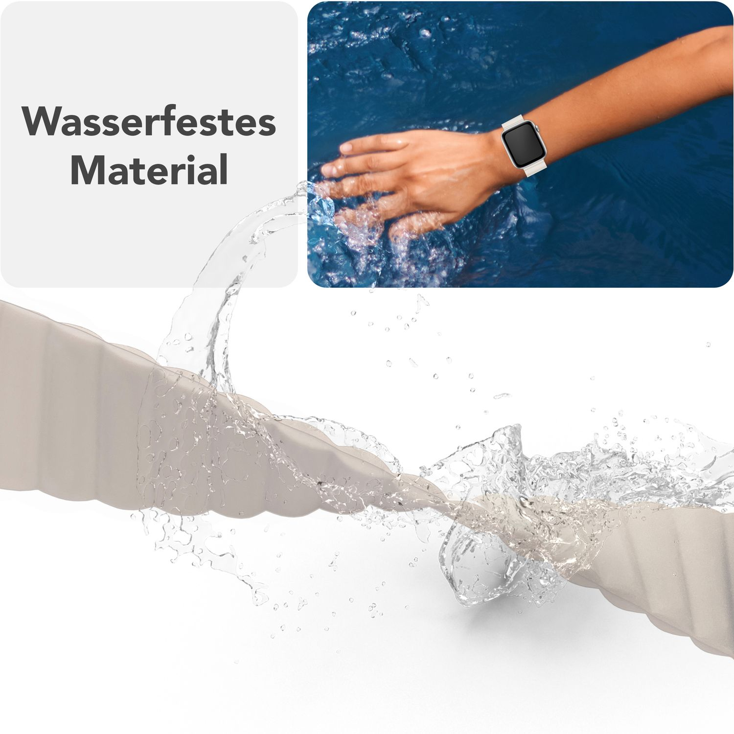 Ein weißes Silikon-Uhrenarmband, auf das Wasser spritzt. Das Band ist flexibel und glatt.