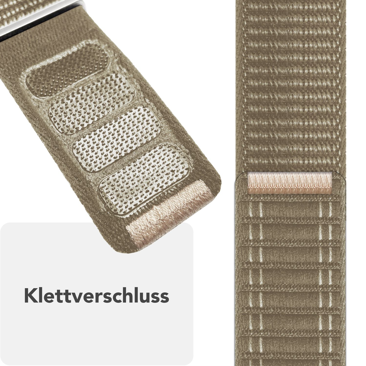 Nahaufnahme eines Uhrenarmbandverschlusses. Es ist beige, mit Klettverschluss. Das Band hat ein gewebtes Design.