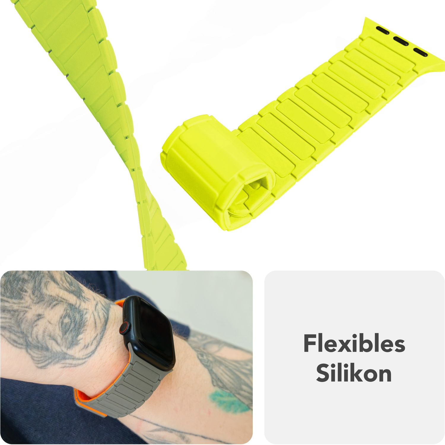 Gelbes Silikon-Uhrenarmband in verschiedenen Formen. Eine Hand trägt es. Das Band ist flexibel und gerippt.