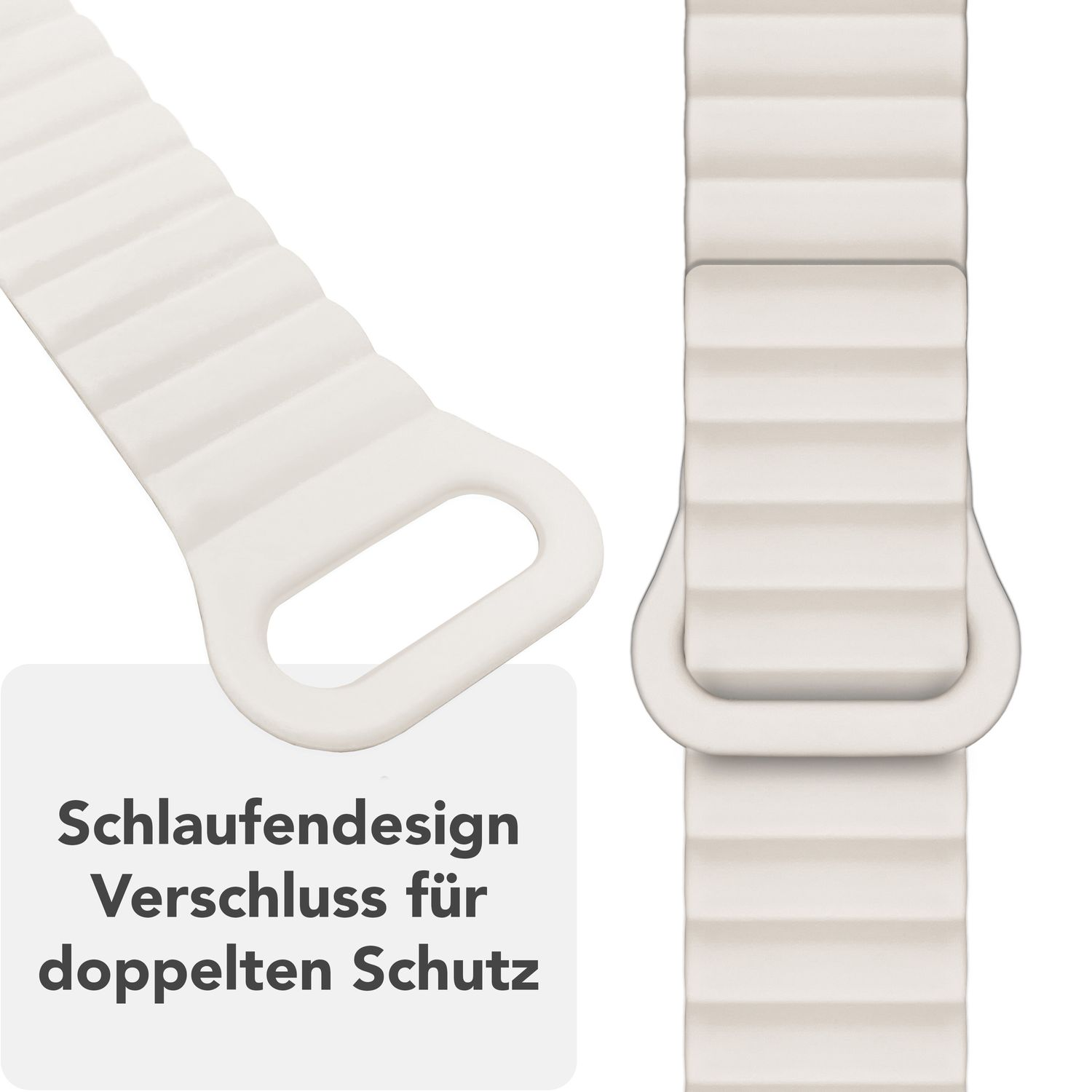 Nahaufnahme eines weißen Uhrenarmbands. Es hat ein Schlaufendesign für einen sicheren Verschluss. Das Band ist weiß.