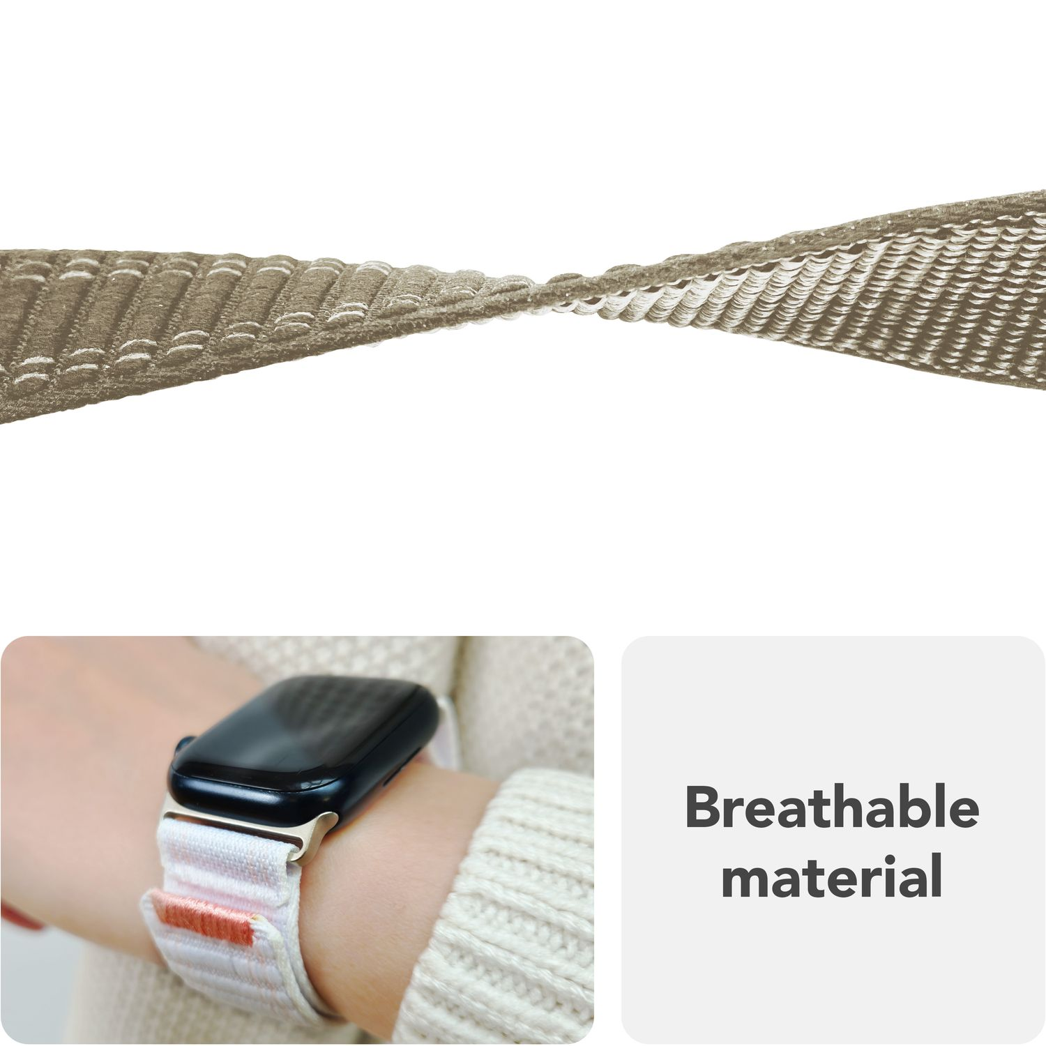 Ein beiges Armband mit einer Uhr am Handgelenk und eine Nahaufnahme des Armbands.