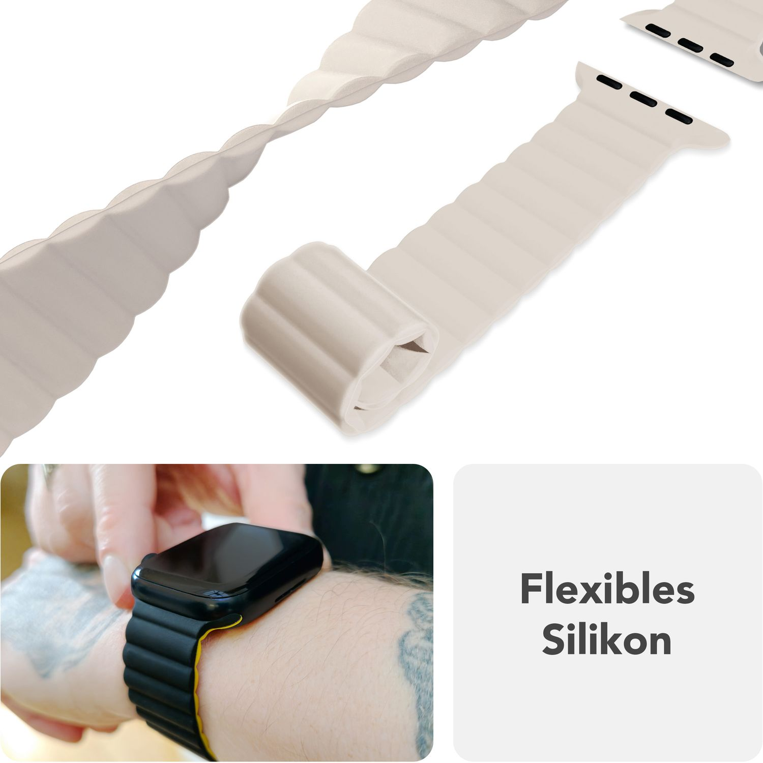 Cremefarbenes Uhrenarmband, aufgerollt und am Handgelenk gezeigt.