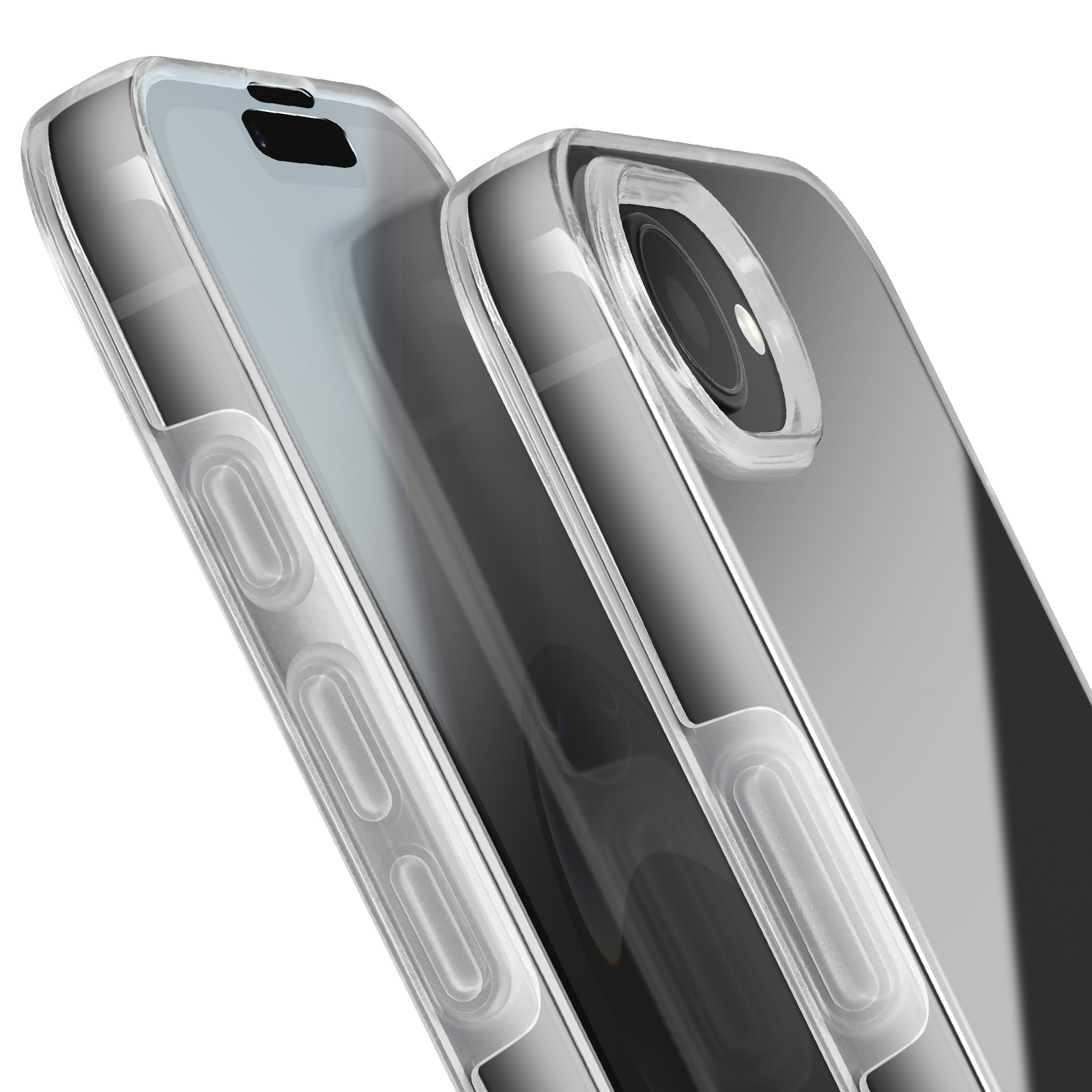 Deux coques de téléphone transparentes en gros plan, montrant la caméra et les boutons latéraux.