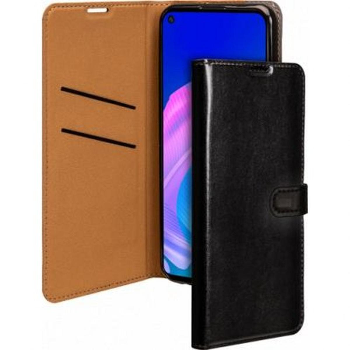 Custodia nera per telefono con interno marrone, aperta e con telefono.