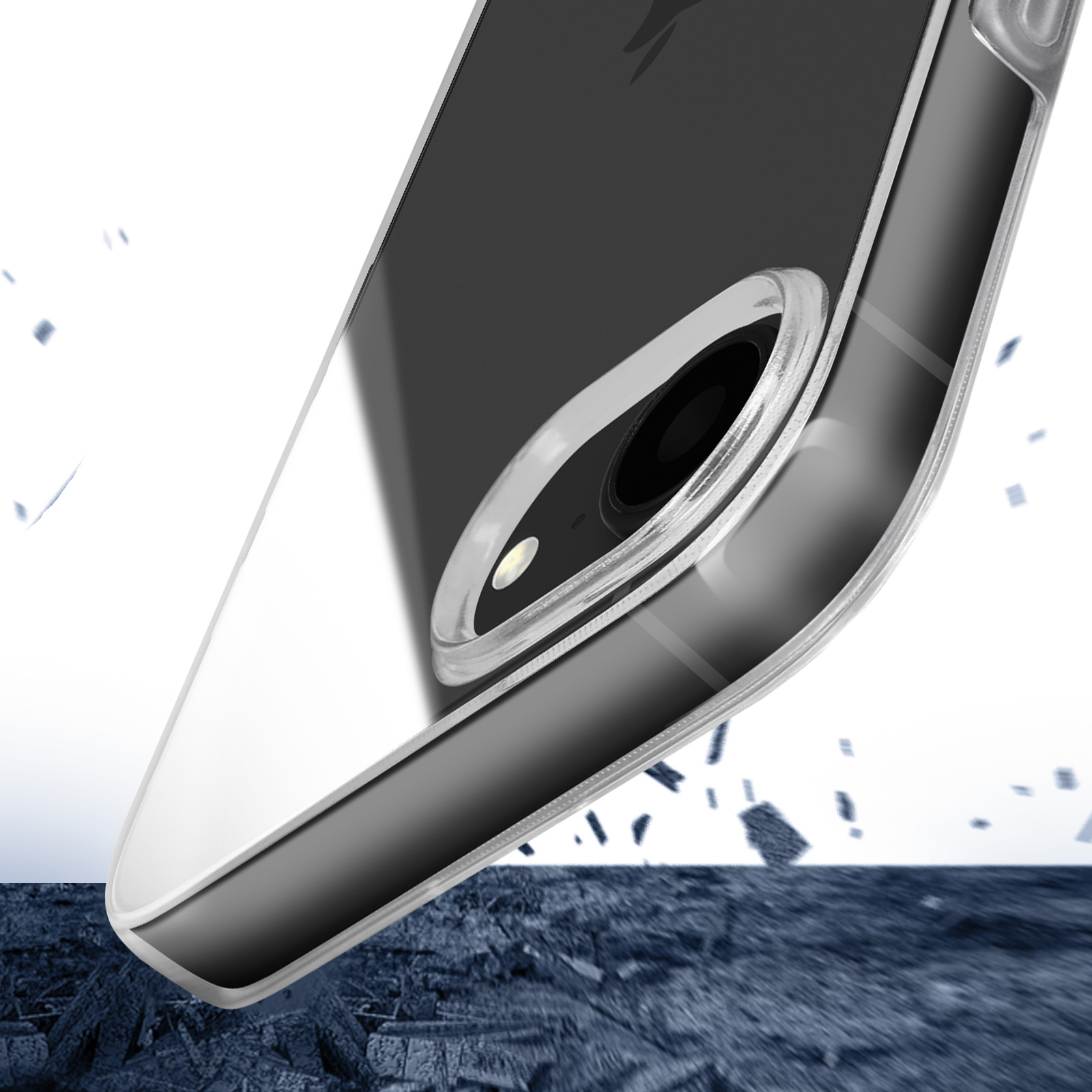 Un étui de téléphone est montré, avec la zone de la caméra du téléphone visible. L'étui est transparent.