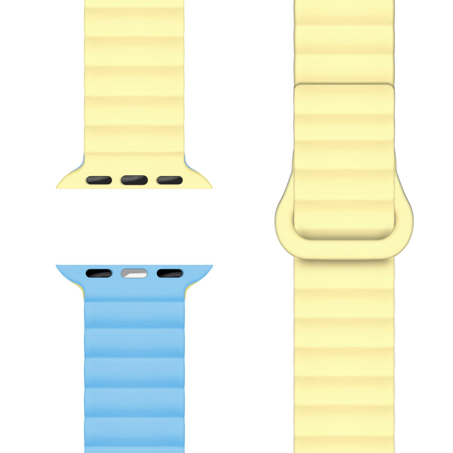 Zwei Uhrenarmbänder, eines gelb, eines blau. Das gelbe ist auf der rechten Seite. Teile und Details sichtbar.