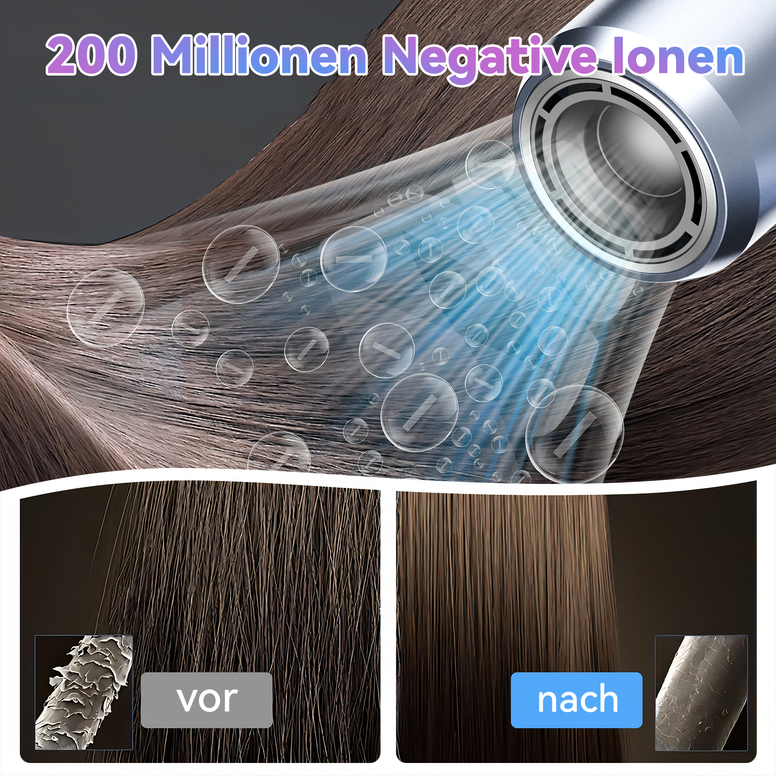 Haare werden mit einem Haartrockner getrocknet. Vorher- und Nachher-Proben zeigen Verbesserungen.