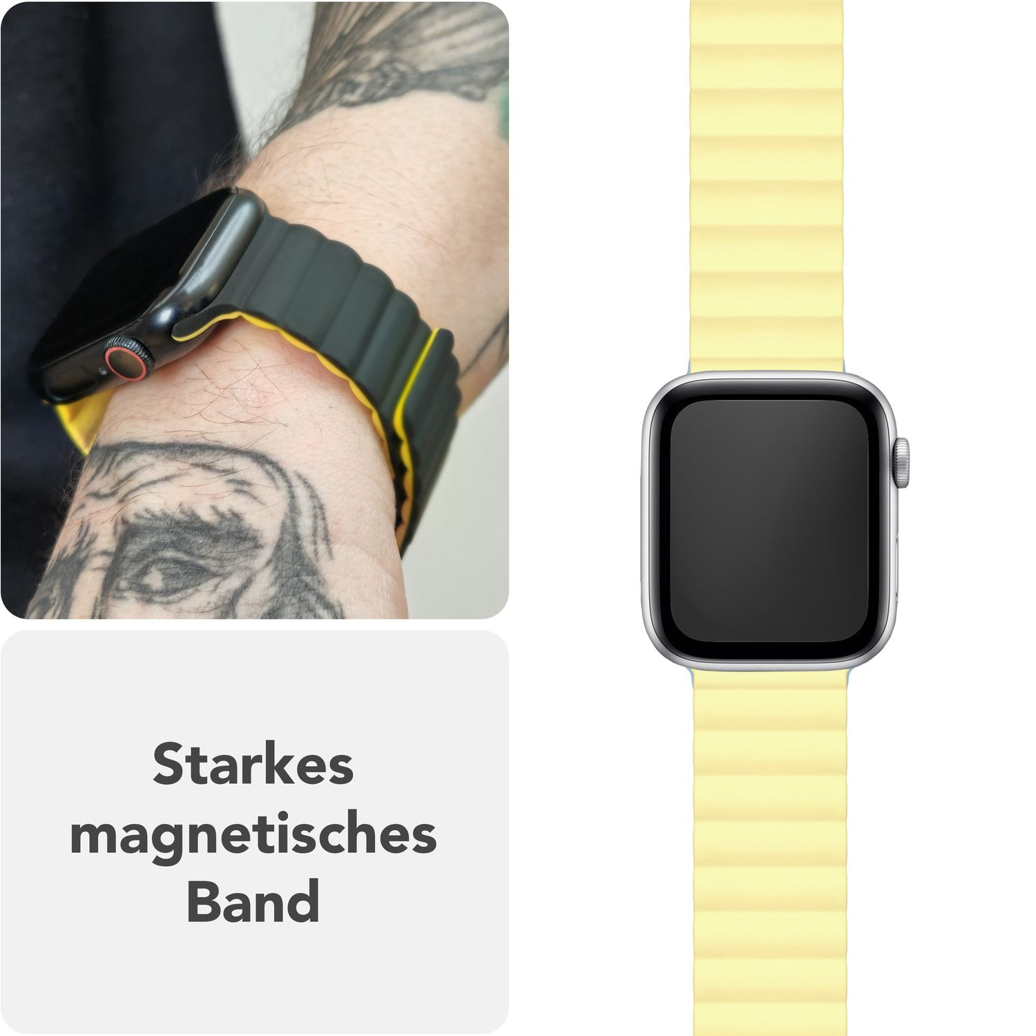 Uhr mit gelb/schwarzem Band am Handgelenk. Text sagt 'Starkes magnetisches Band'.