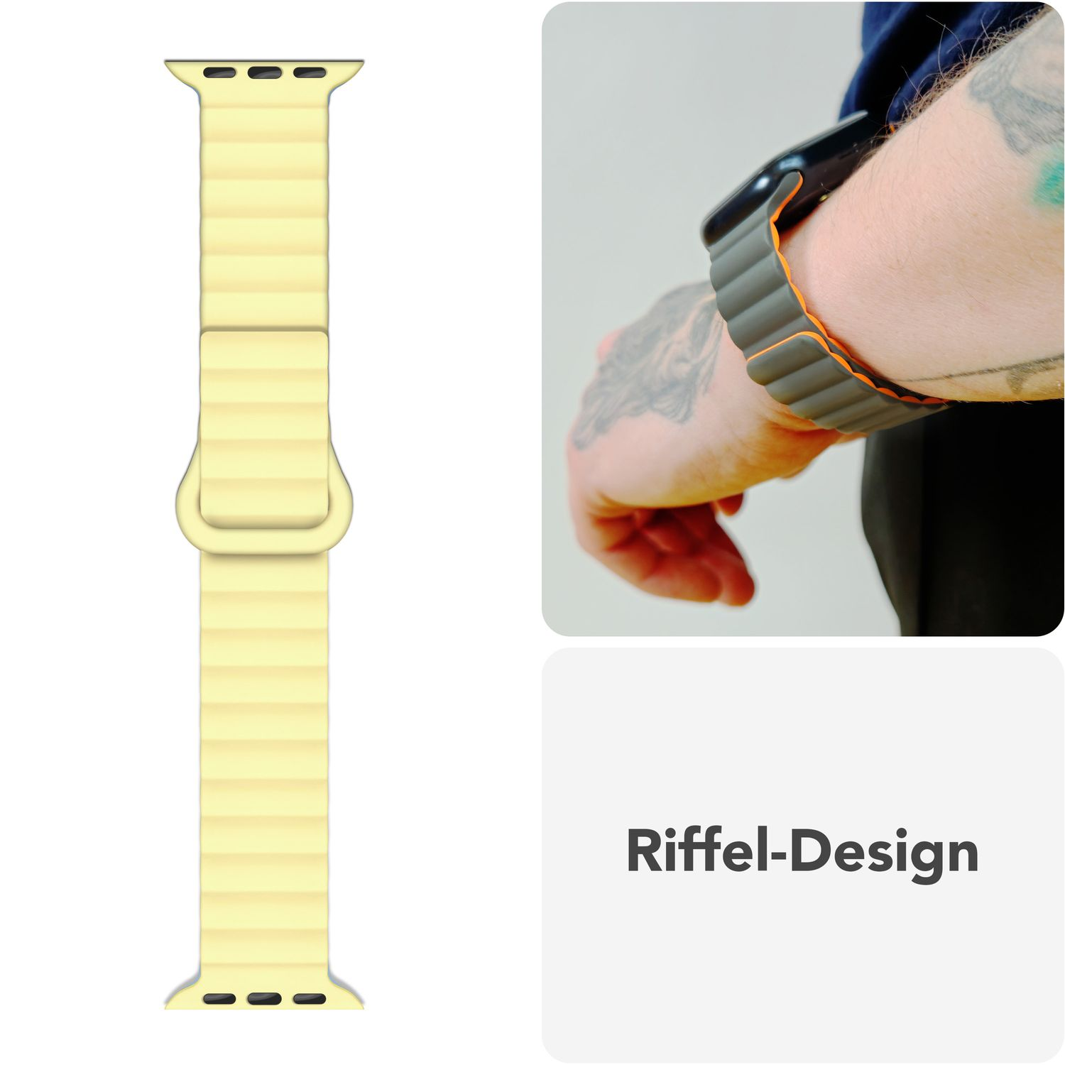 Armbanduhr am Handgelenk, im Hintergrund. Gelbes Band mit strukturiertem Design. Tätowierter Arm sichtbar.
