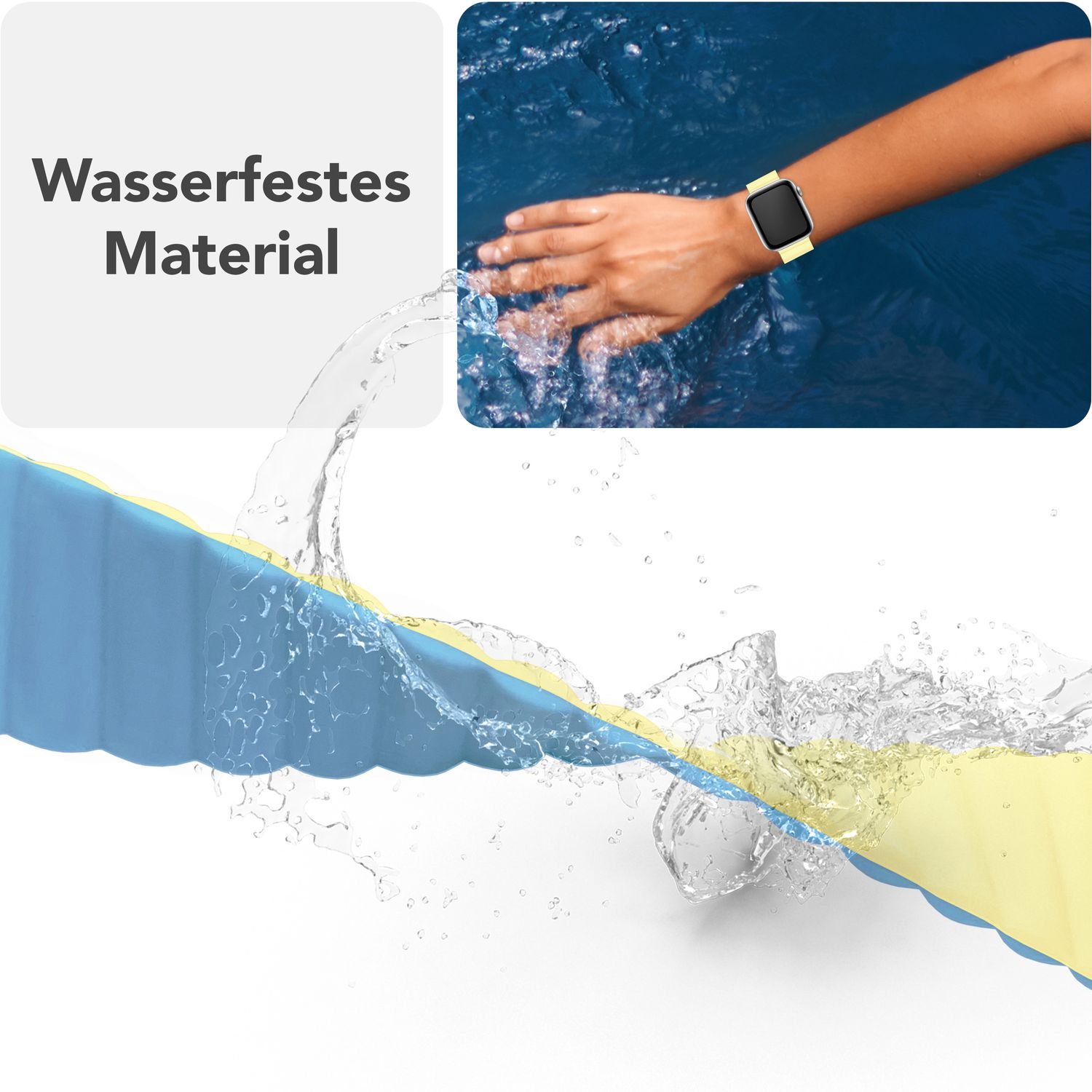 Armbanduhr unter Wasser, mit einer Hand, die eine Uhr trägt. Gelbes Band mit blauen Details. Wasserspritzer.
