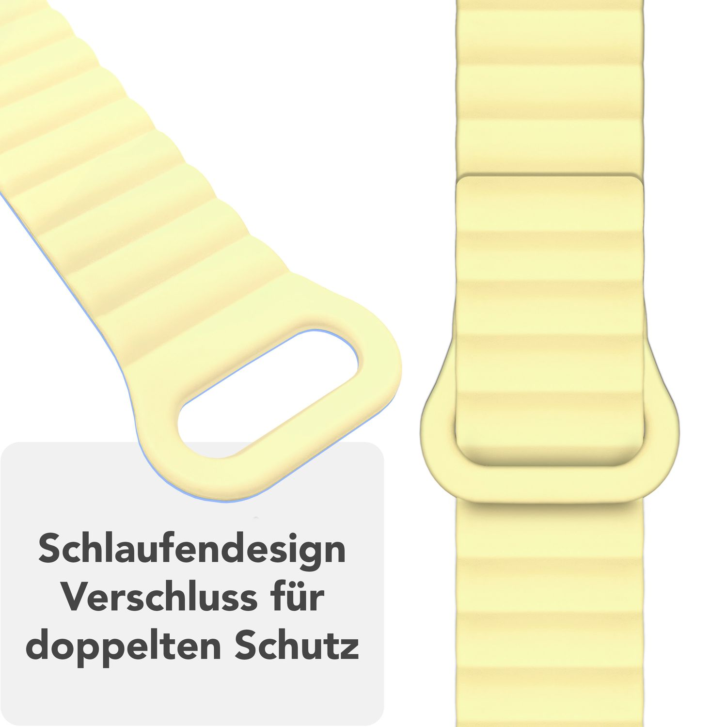 Gelbes Uhrenarmband mit Schlaufendesign für doppelten Schutz, Nahaufnahme.
