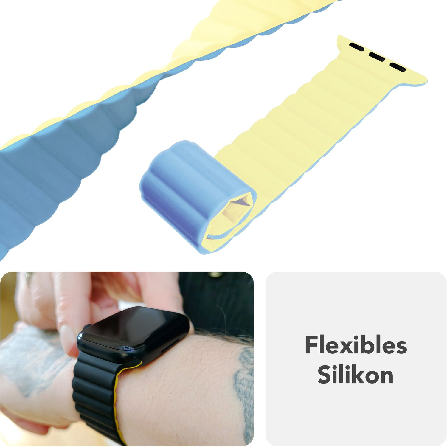 Flexibles Silikon-Uhrenarmband am Handgelenk. Gelb-blaues Band mit geripptem Design. Tätowierter Arm sichtbar.