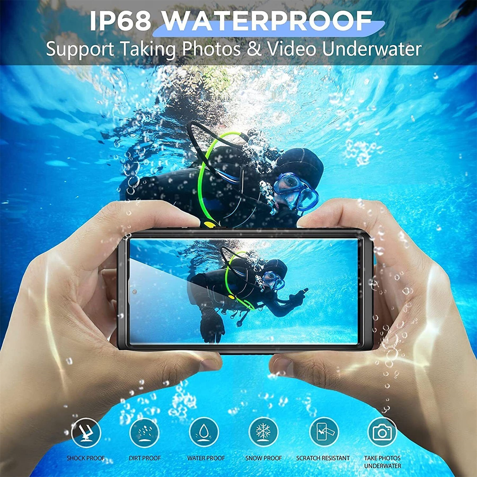 Ein Telefon in einer wasserdichten Hülle. Ein Taucher im Hintergrund macht Unterwasserfotos.