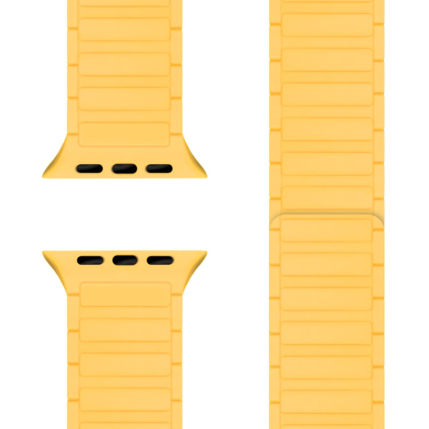 Zwei gelbe Uhrenarmbänder. Die Bänder sind strukturiert und haben einen Magnetverschluss.