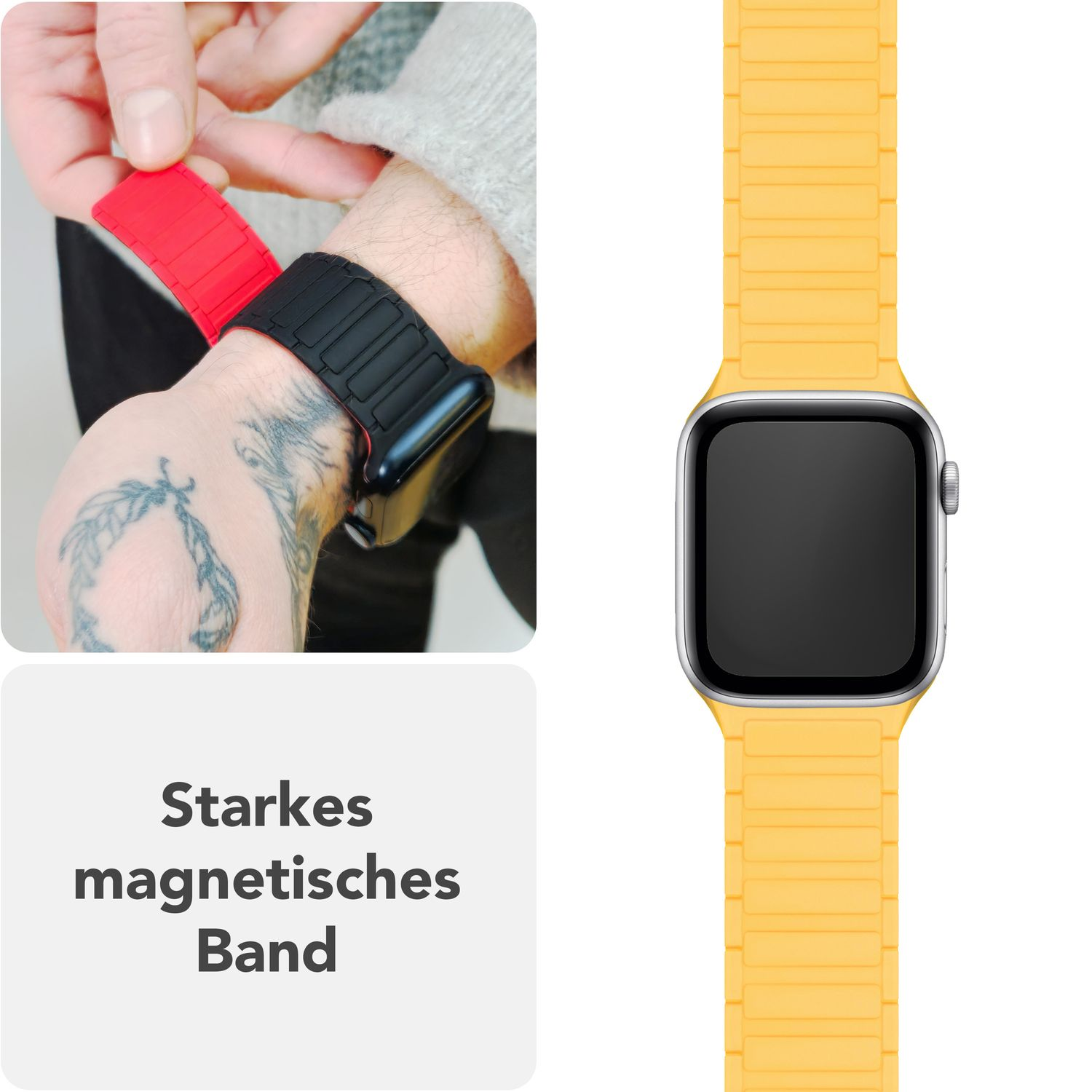 Eine Person befestigt ein rotes Band an einer schwarzen Uhr. Ein gelbes Uhrenarmband daneben.