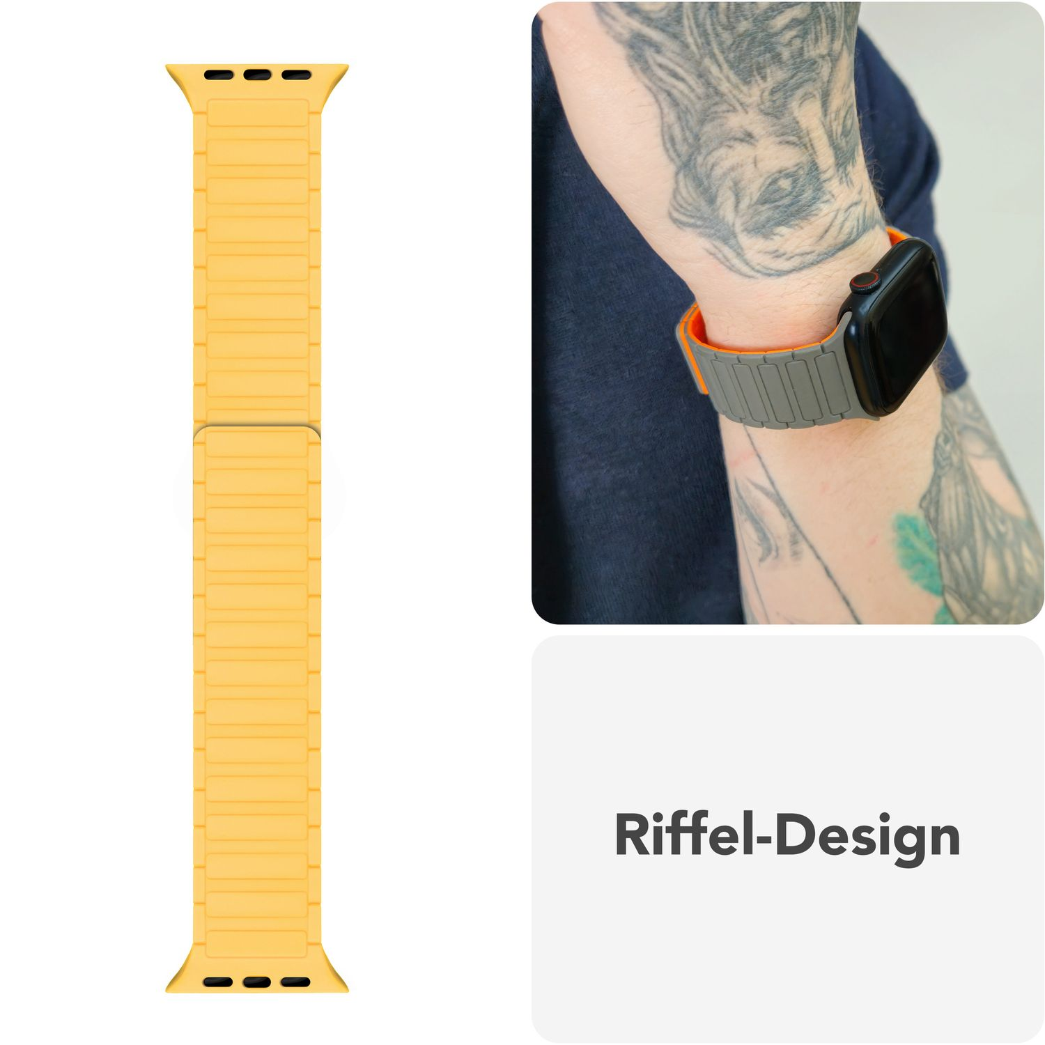 Gelbes Armband mit strukturiertem Design am Handgelenk. Graue und orangefarbene Details sind sichtbar. Tätowierter Arm.