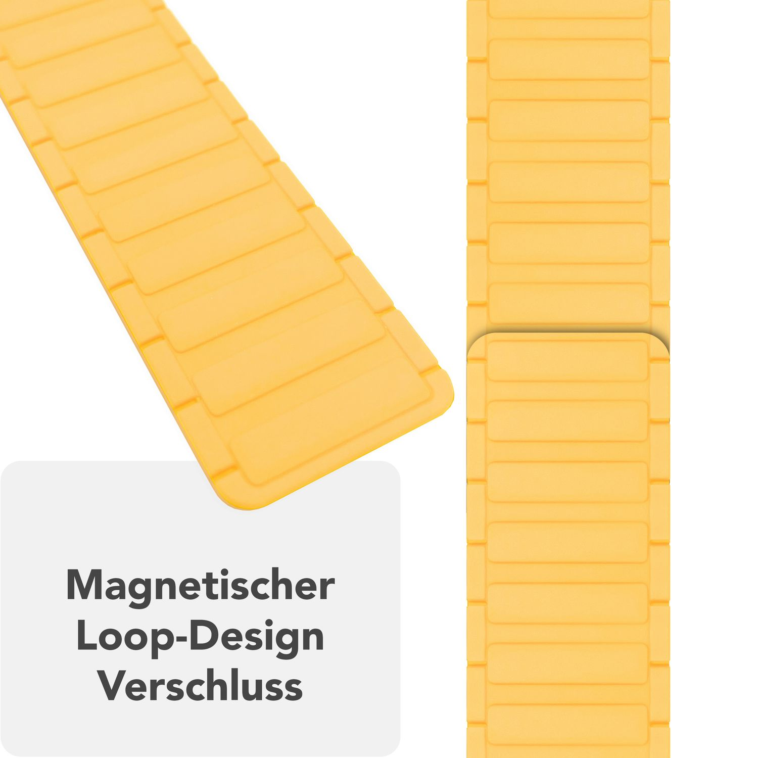 Gelbes Armband-Nahaufnahme mit dem Text: Magnetischer Loop-Design-Verschluss.