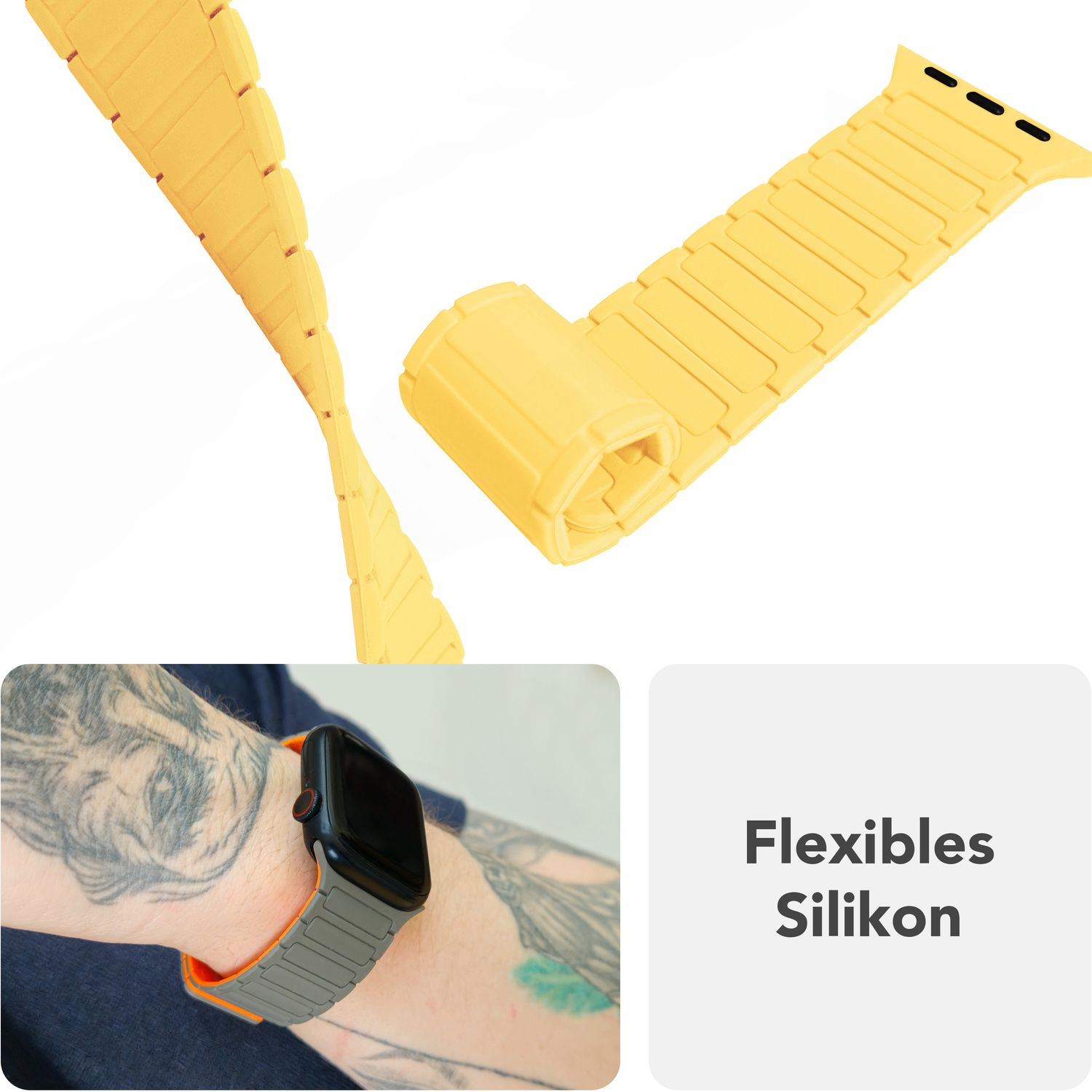 Flexibles Silikon-Uhrenarmband. Gelb und grau mit strukturiertem Design. Tätowierter Arm sichtbar.