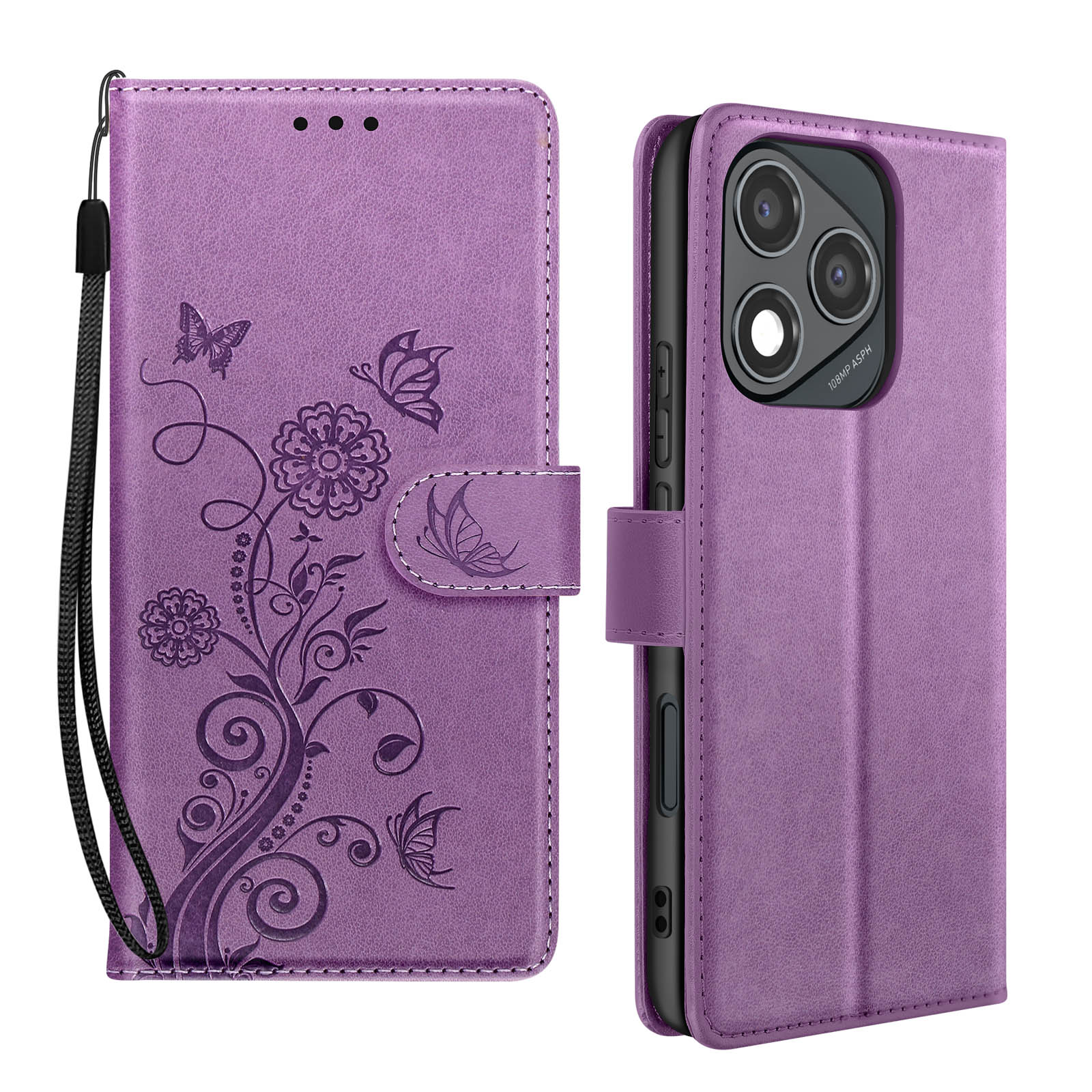 Una custodia per telefono viola con un design floreale e farfalle. La custodia è aperta, mostrando il telefono.