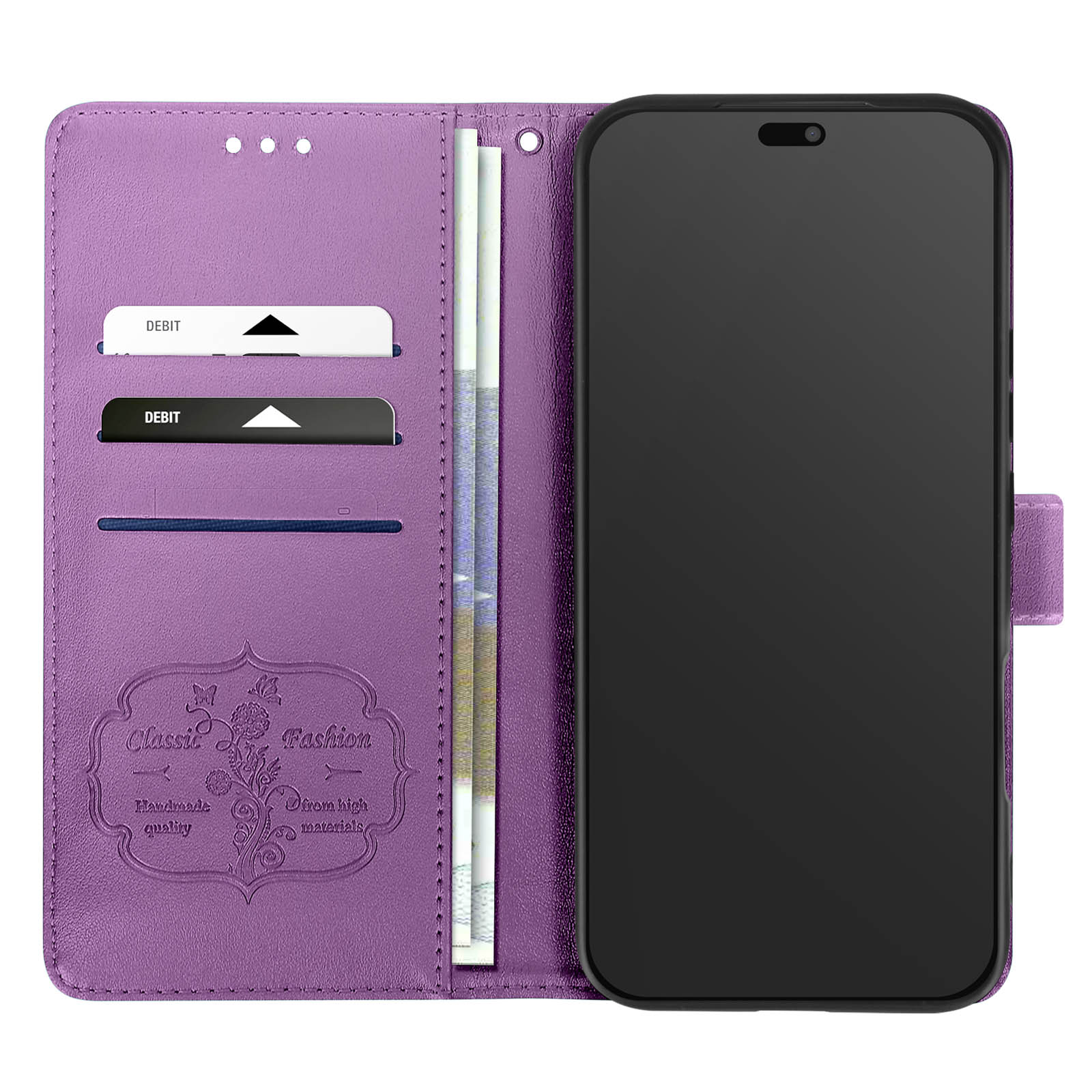 Custodia per telefono viola con carte di debito e denaro all'interno, con un telefono nero.