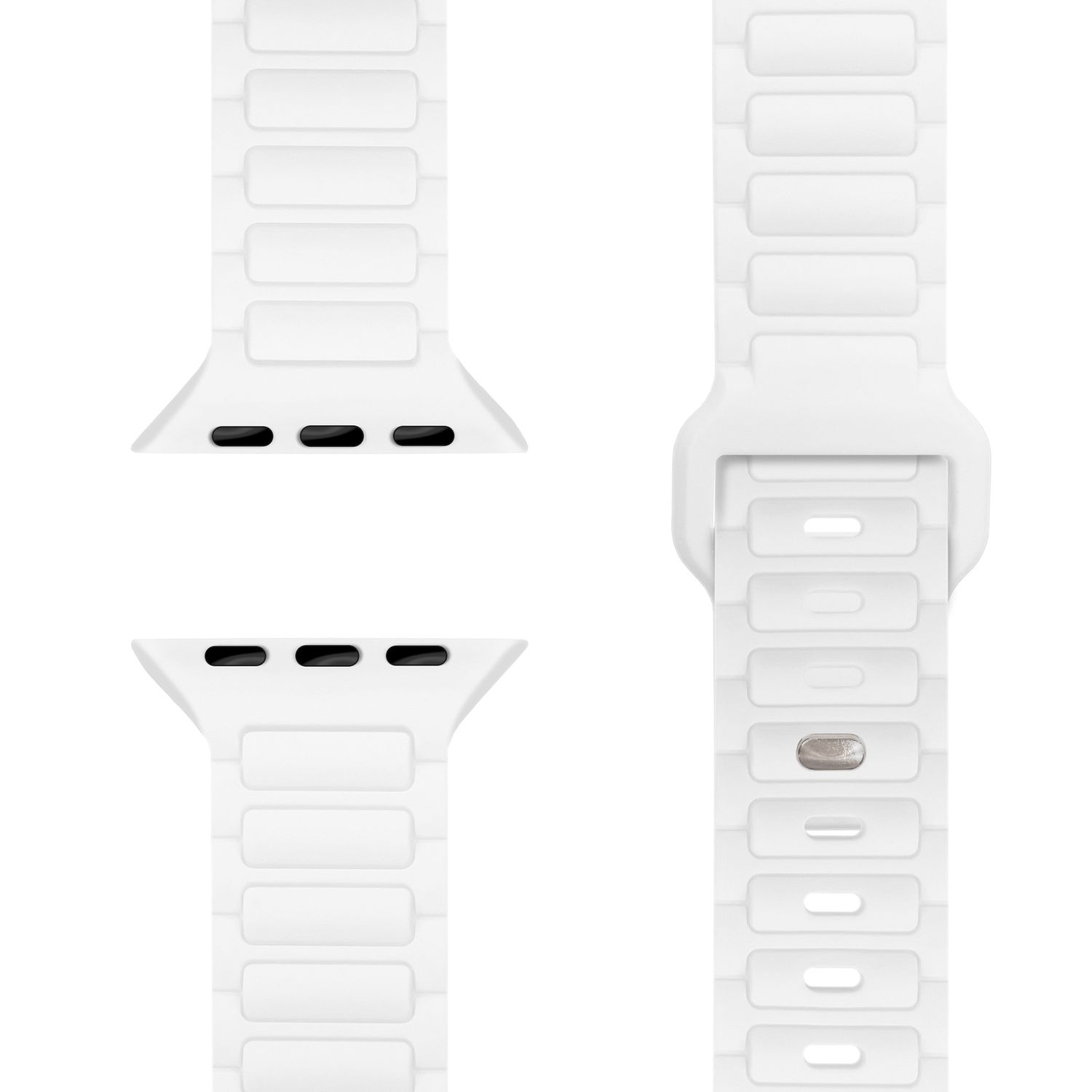 Weißes Uhrenarmband. Das Design besteht aus rechteckigen Blöcken.