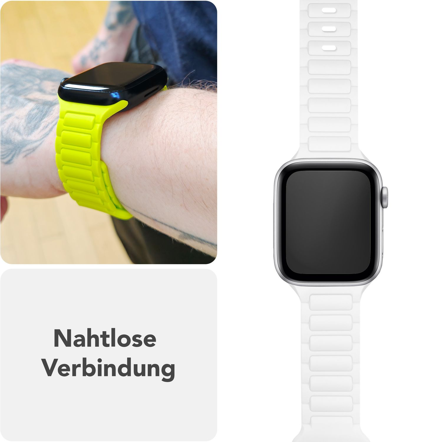 Eine Uhr mit schwarzem Bildschirm und neongrünem Armband am Handgelenk einer Person. Ein passendes weißes Band wird gezeigt.