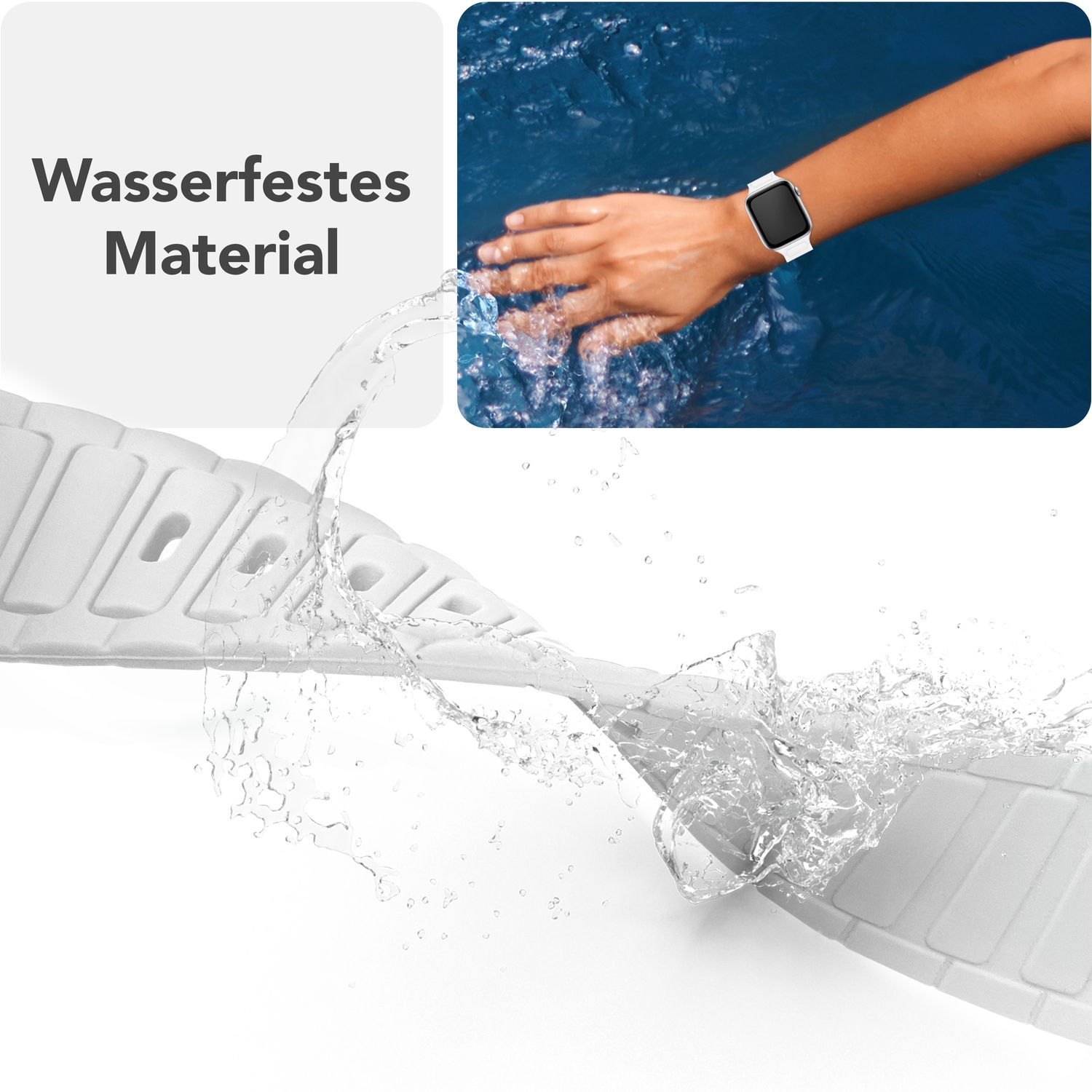 Wasser fließt über ein Uhrenarmband. Ein weißes Uhrenarmband und eine Hand mit der Uhr.