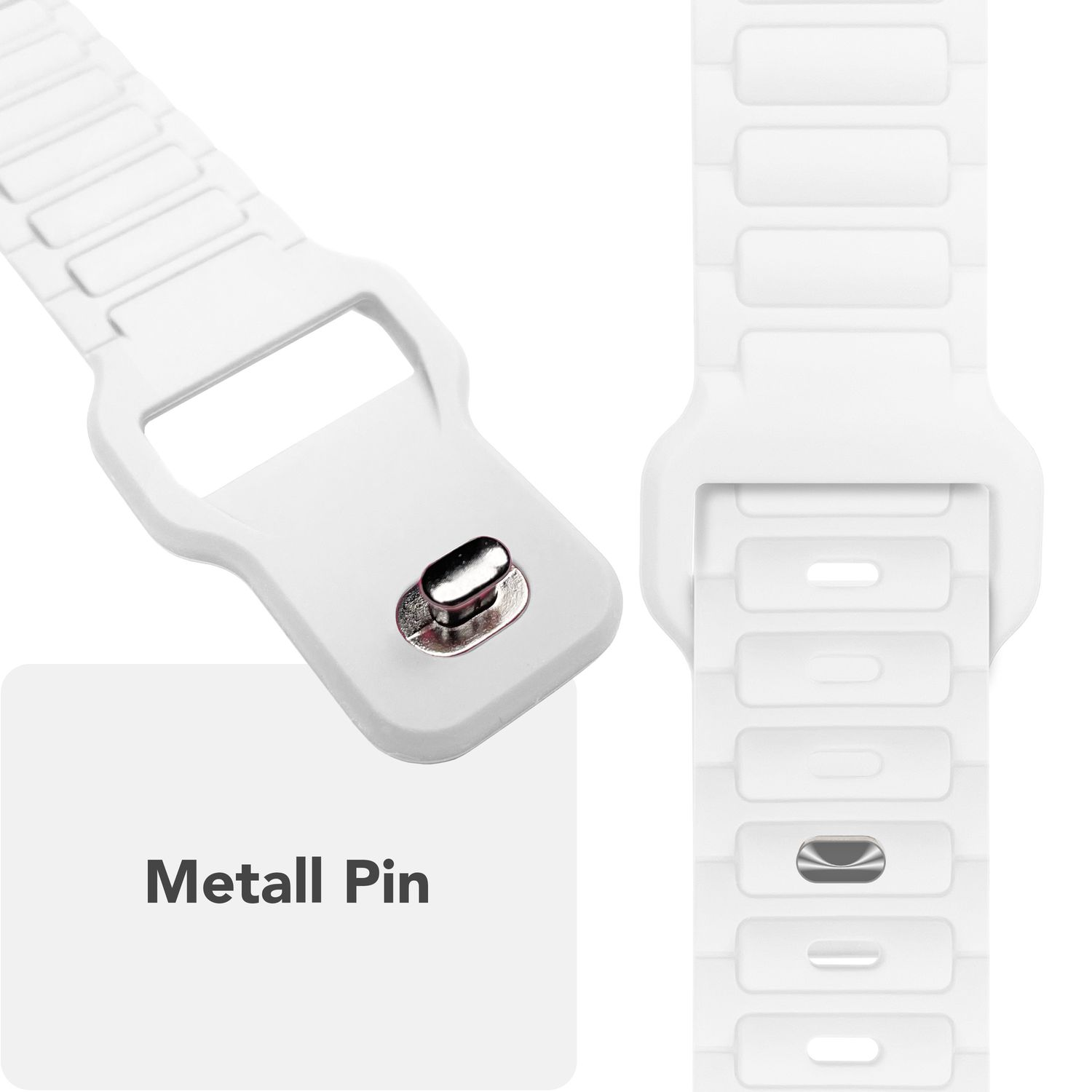 Nahaufnahme von weißen Uhrenarmbändern mit Metallstift. Die Armbänder liegen nebeneinander, mit weißem Hintergrund.