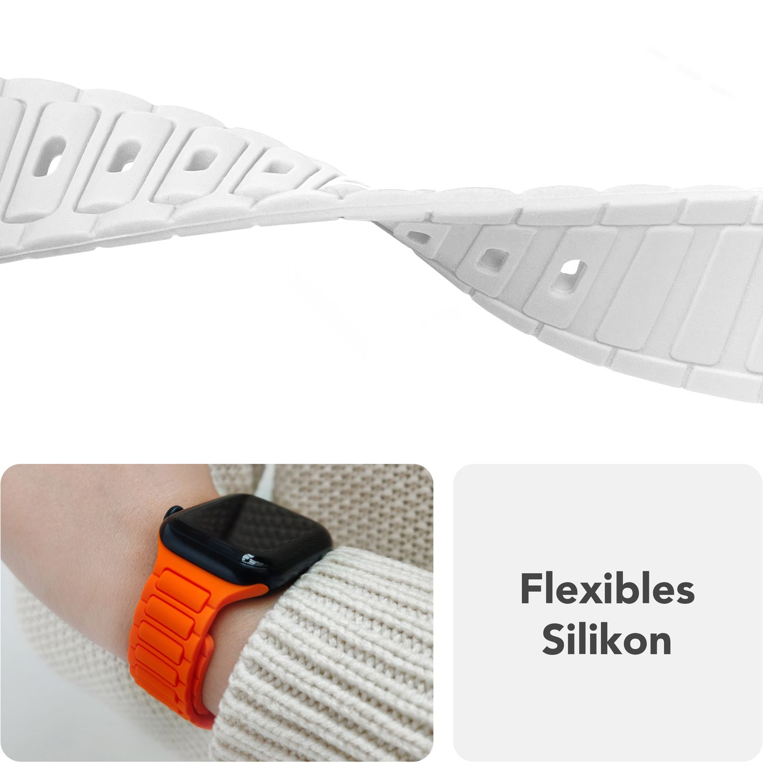 Nahaufnahme eines weißen, flexiblen Uhrenarmbands. Ein orangefarbenes Band am Handgelenk in der Ecke.