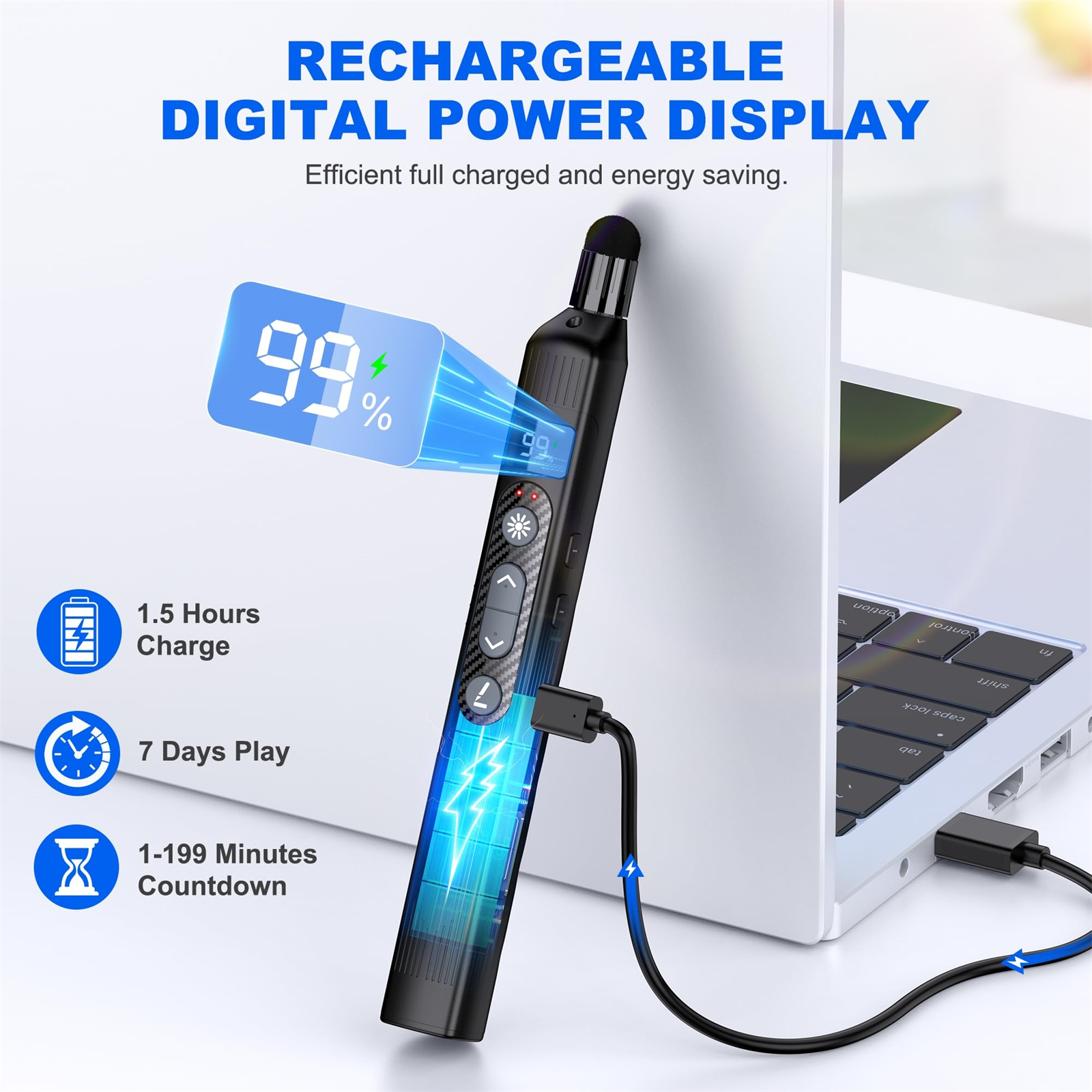 Ein schwarzer digitaler Präsentationsgerät mit 99% Anzeige. Es gibt einen Laptop und ein Ladekabel.