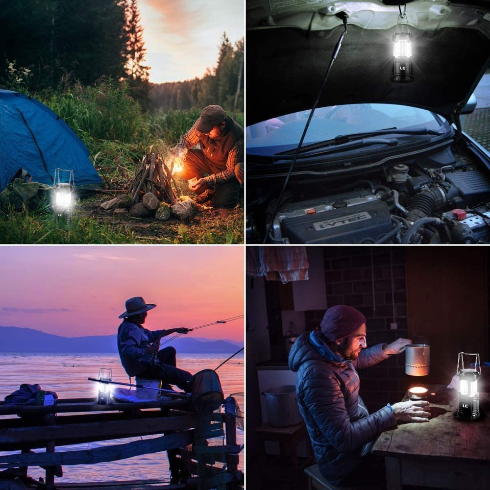 Vier Bilder: Camping, Lagerfeuer, Auto-Motor und Angeln. Jedes hat eine Laterne.