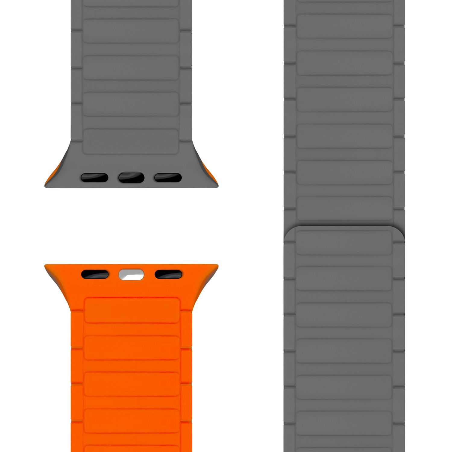 Drei Uhrenarmbänder: zwei grau, eins orange. Die Bänder sind für eine Uhr konzipiert.