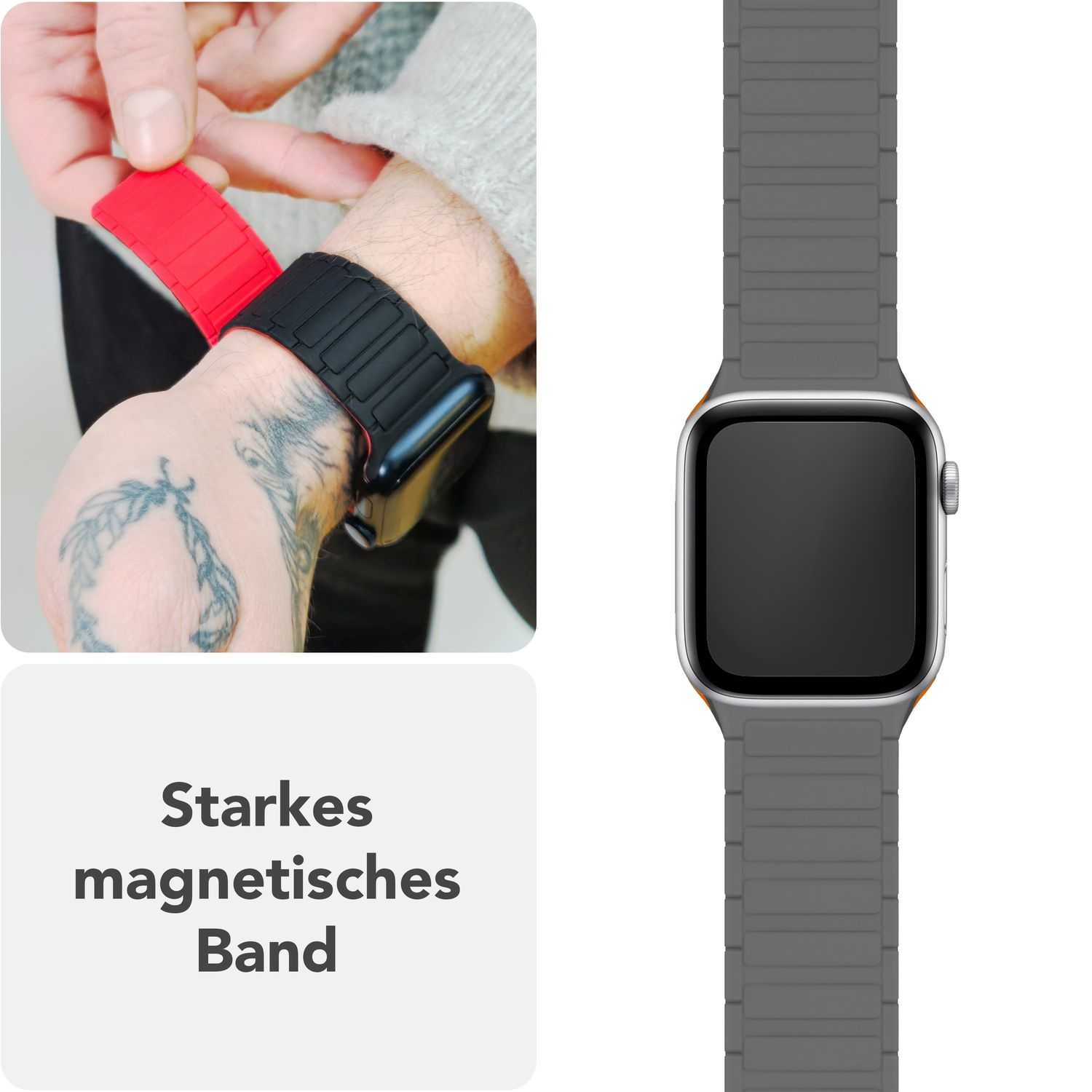 Ein graues Uhrenarmband mit schwarzer Uhr. Ein rotes Uhrenarmband wird befestigt. Text: Starkes magnetisches Band.