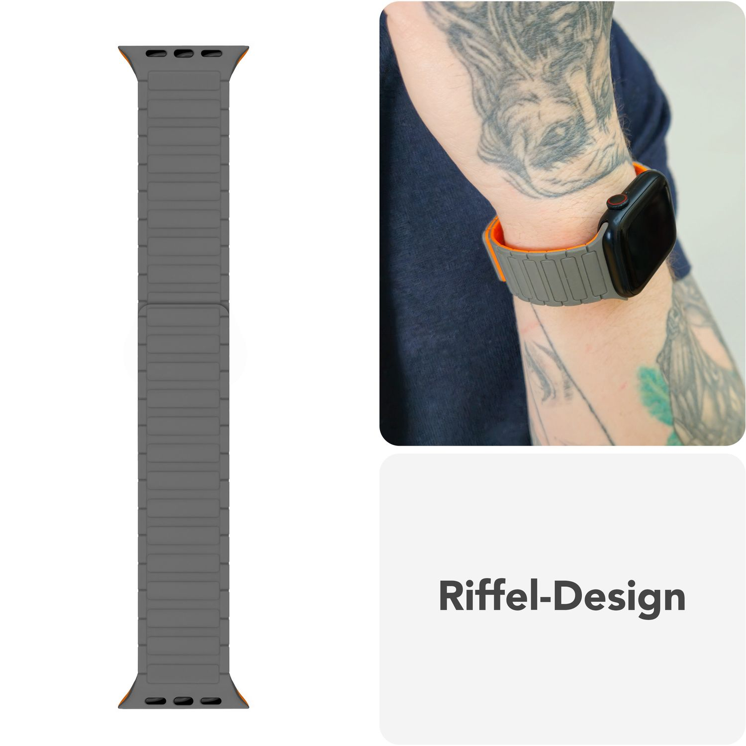 Graues Uhrenarmband am Handgelenk. Das Band hat ein geriffeltes Design. Text: Riffel-Design.