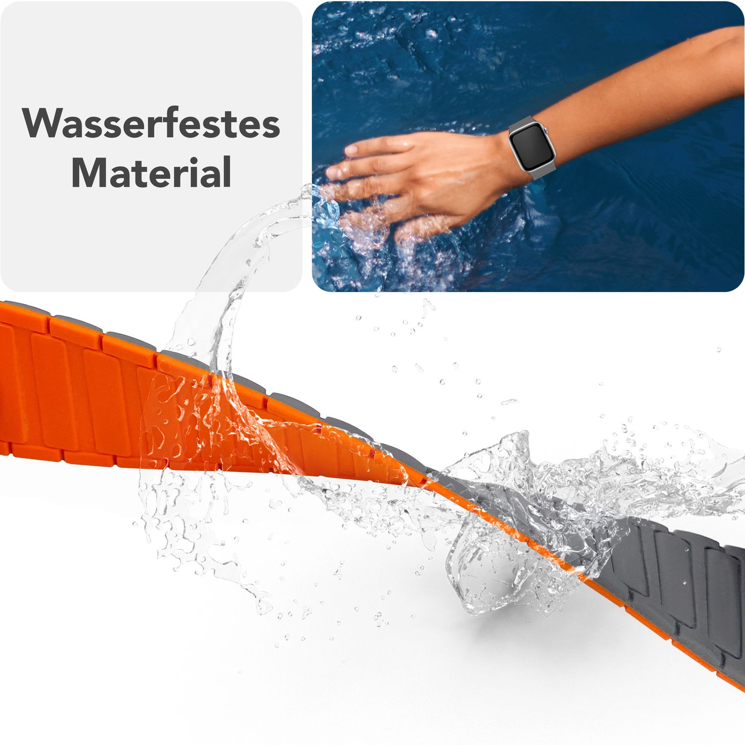 Nahaufnahme: Orange-graues Uhrenarmband mit Wassertropfen, ein Handgelenk mit Uhr im Wassereinsatz.