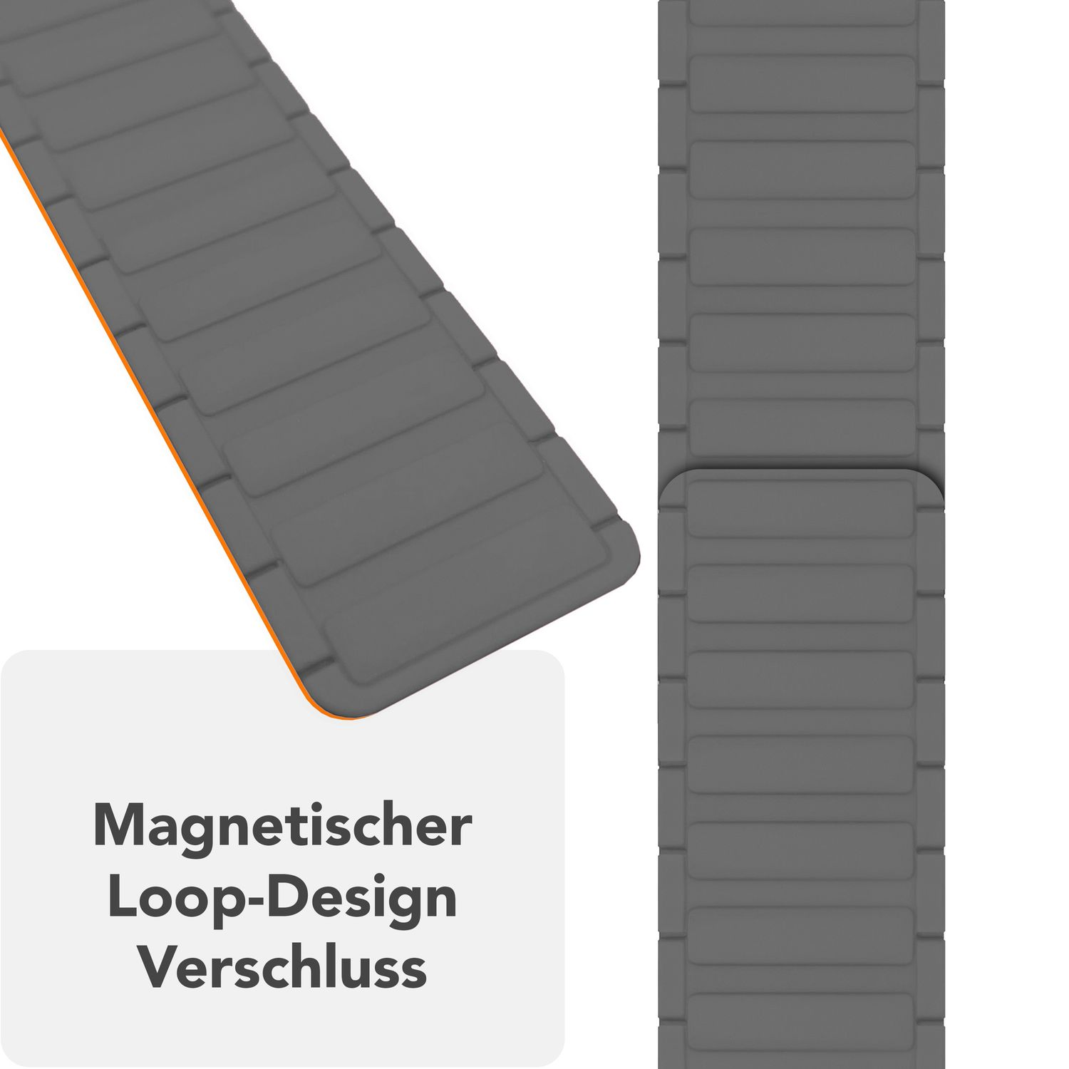Zwei graue Uhrenarmbänder mit Magnet-Loop-Design-Verschluss. Text: Magnetischer Loop-Design Verschluss.